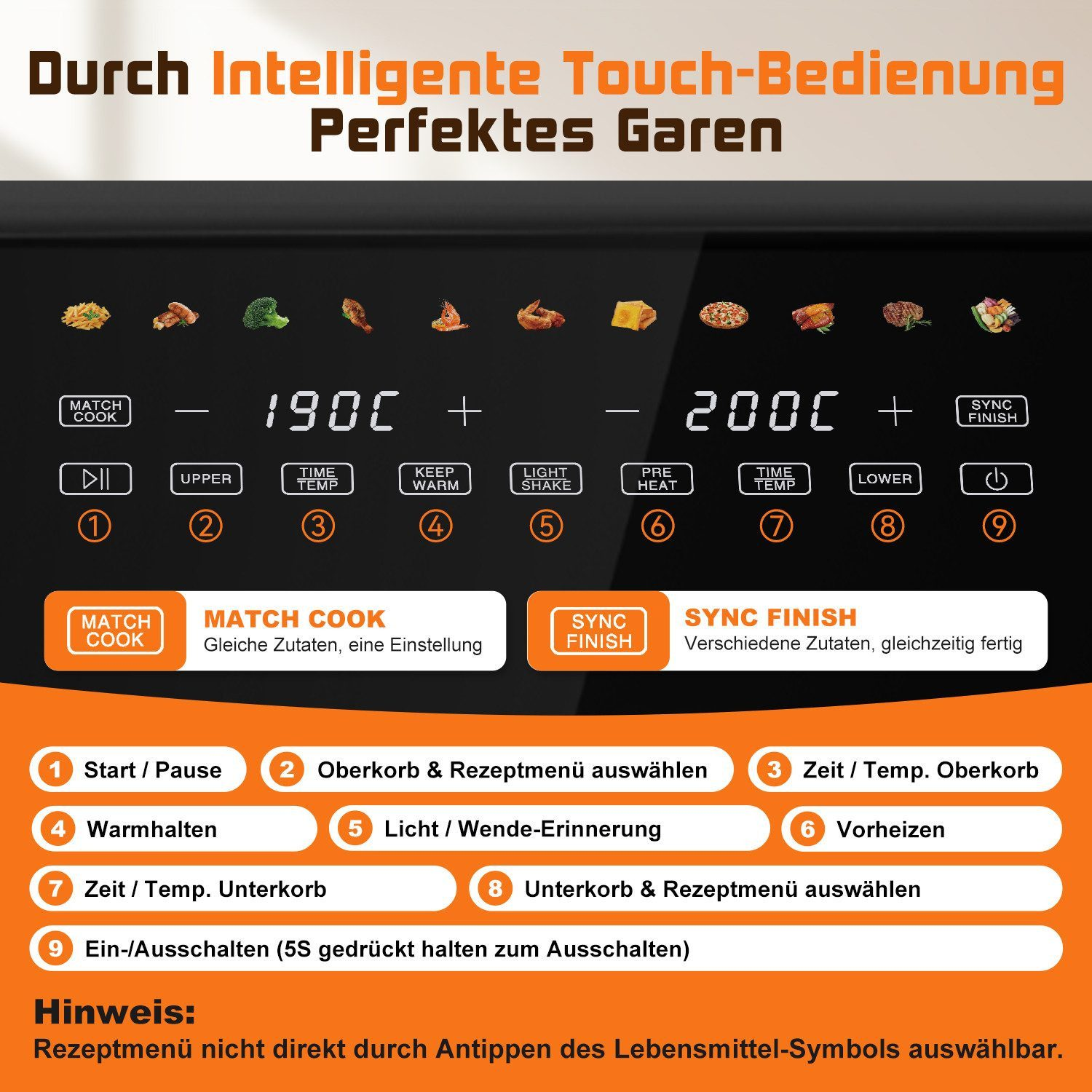 Das Bedienfeld eines Kochgeräts mit Symbolen für Lebensmittel, Temperaturen und Funktionen.