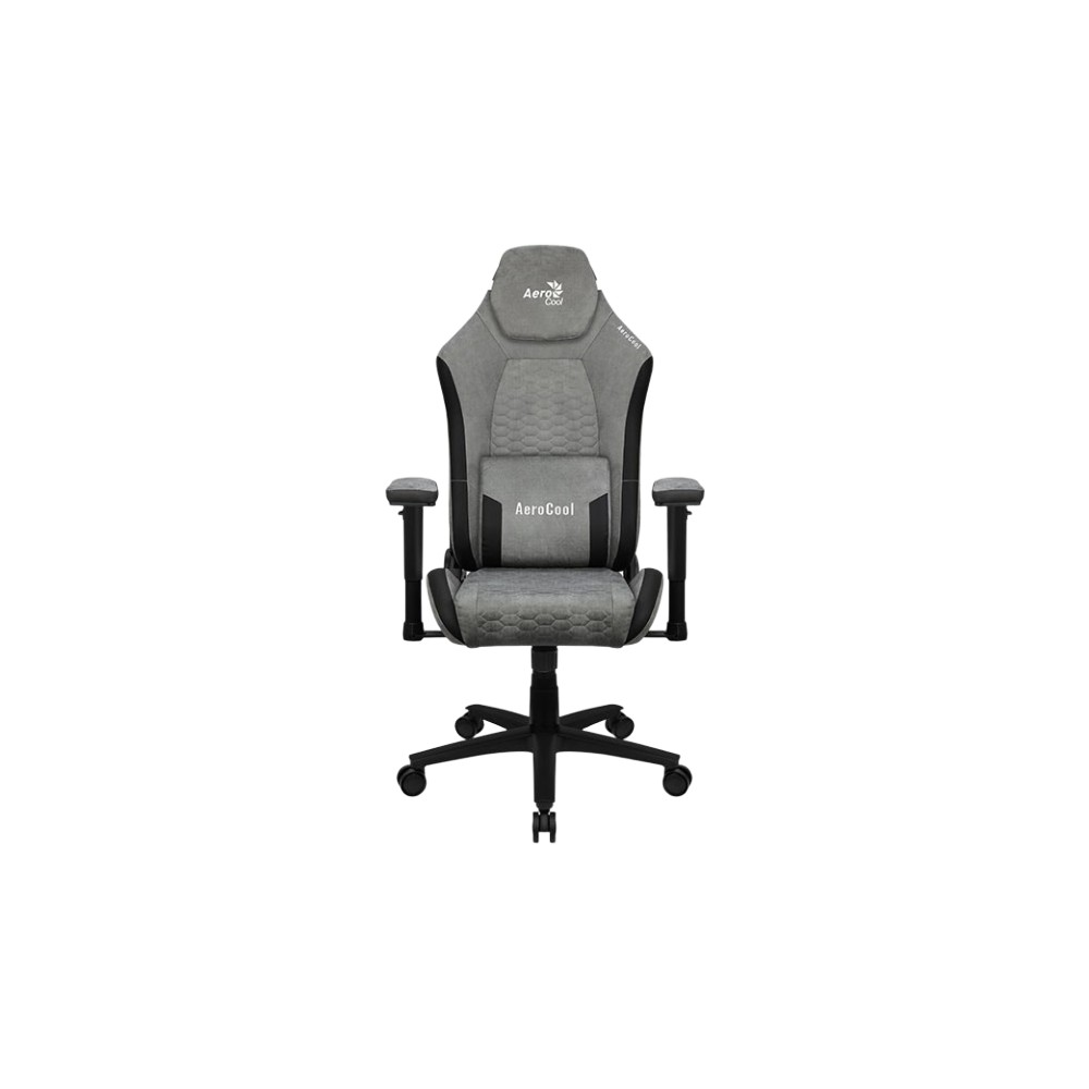 Szare krzesło gamingowe z czarnymi akcentami, logo Aerocool na zagłówku.