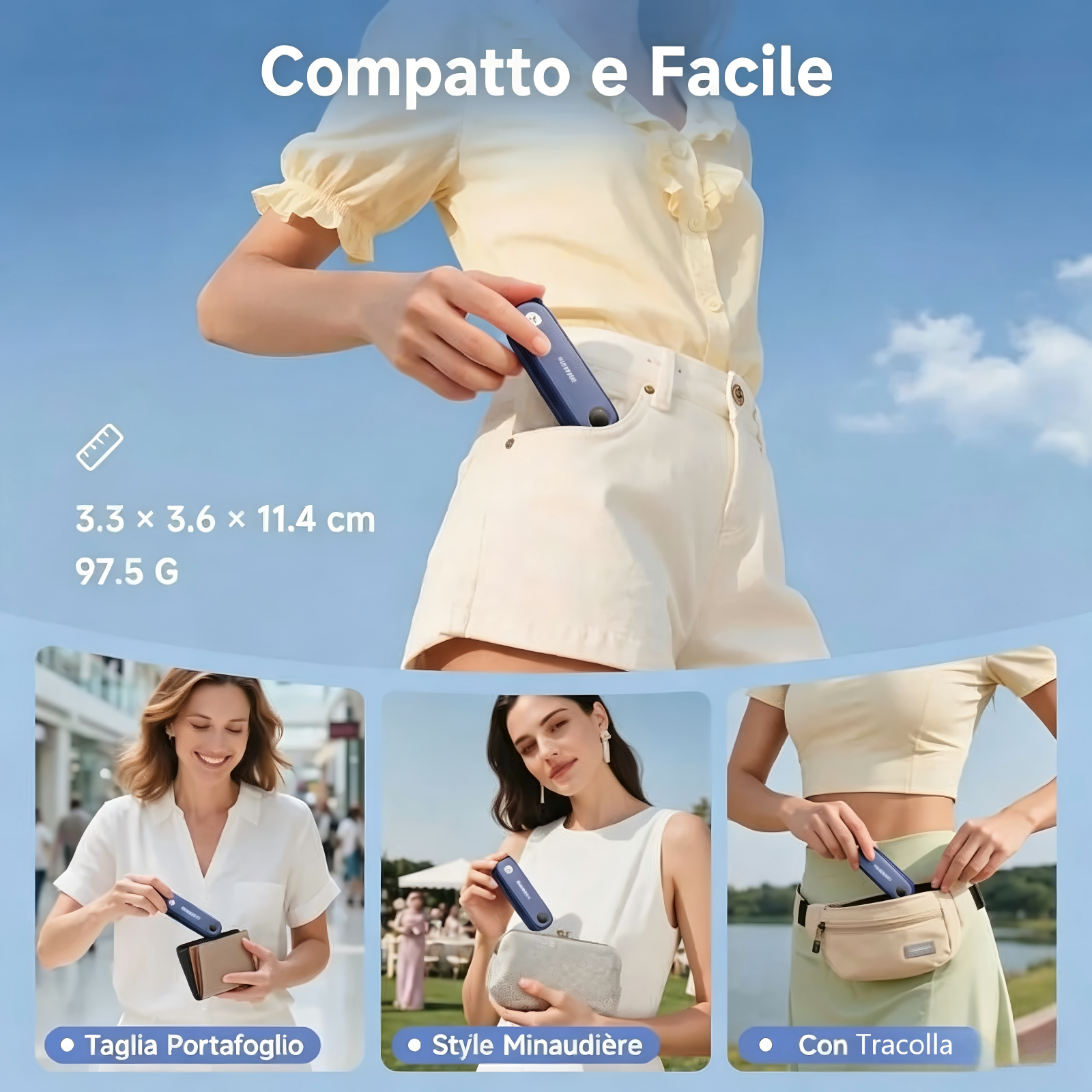 Una persona mette un dispositivo blu in una tasca. Altre tre immagini mostrano donne con il dispositivo.