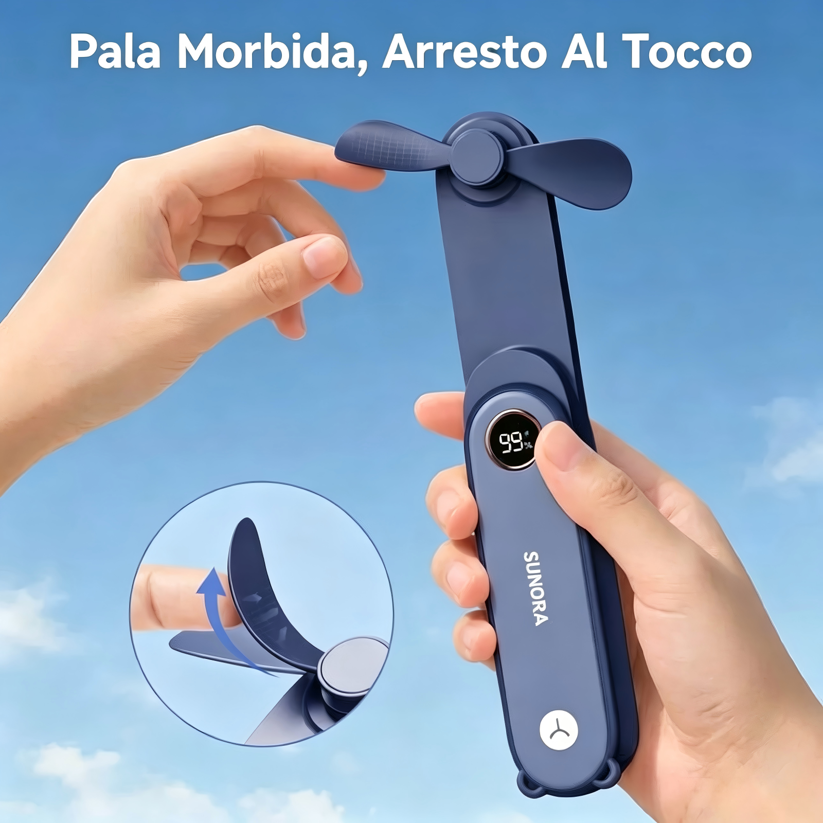 Una mano tiene una ventola blu che mostra il 99% sullo schermo.