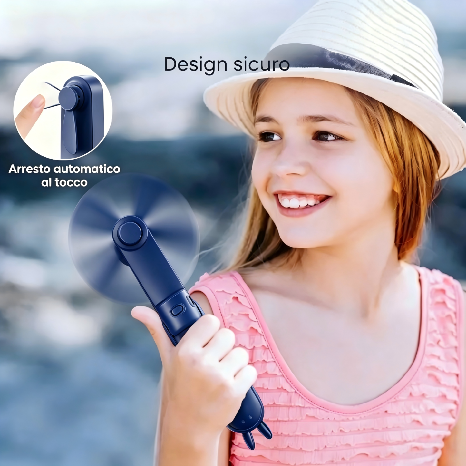 Una ragazza con cappello tiene in mano un ventilatore blu rotante.