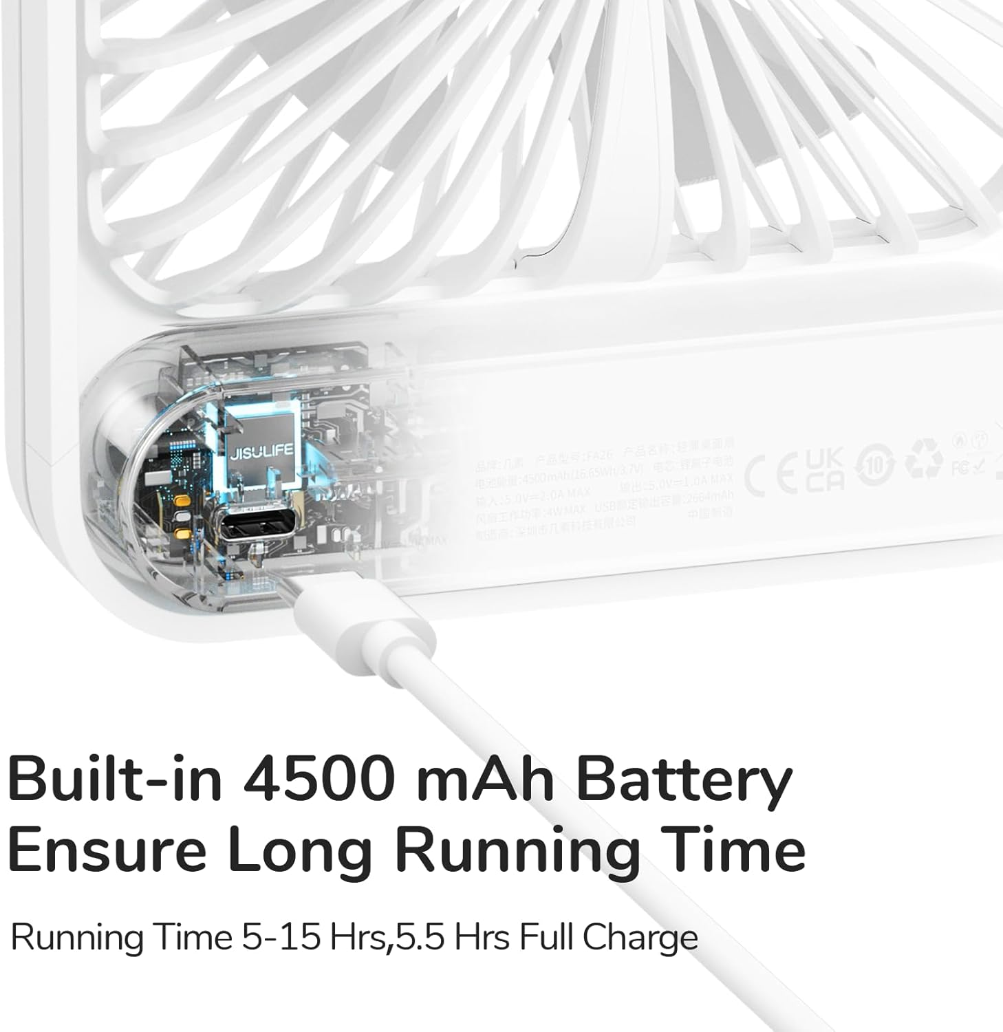 Una ventola bianca con porta USB-C e batteria da 4500 mAh.