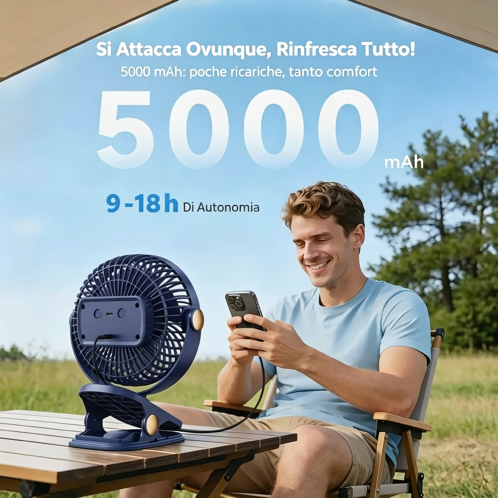 Uomo seduto fuori con telefono e ventilatore sul tavolo.