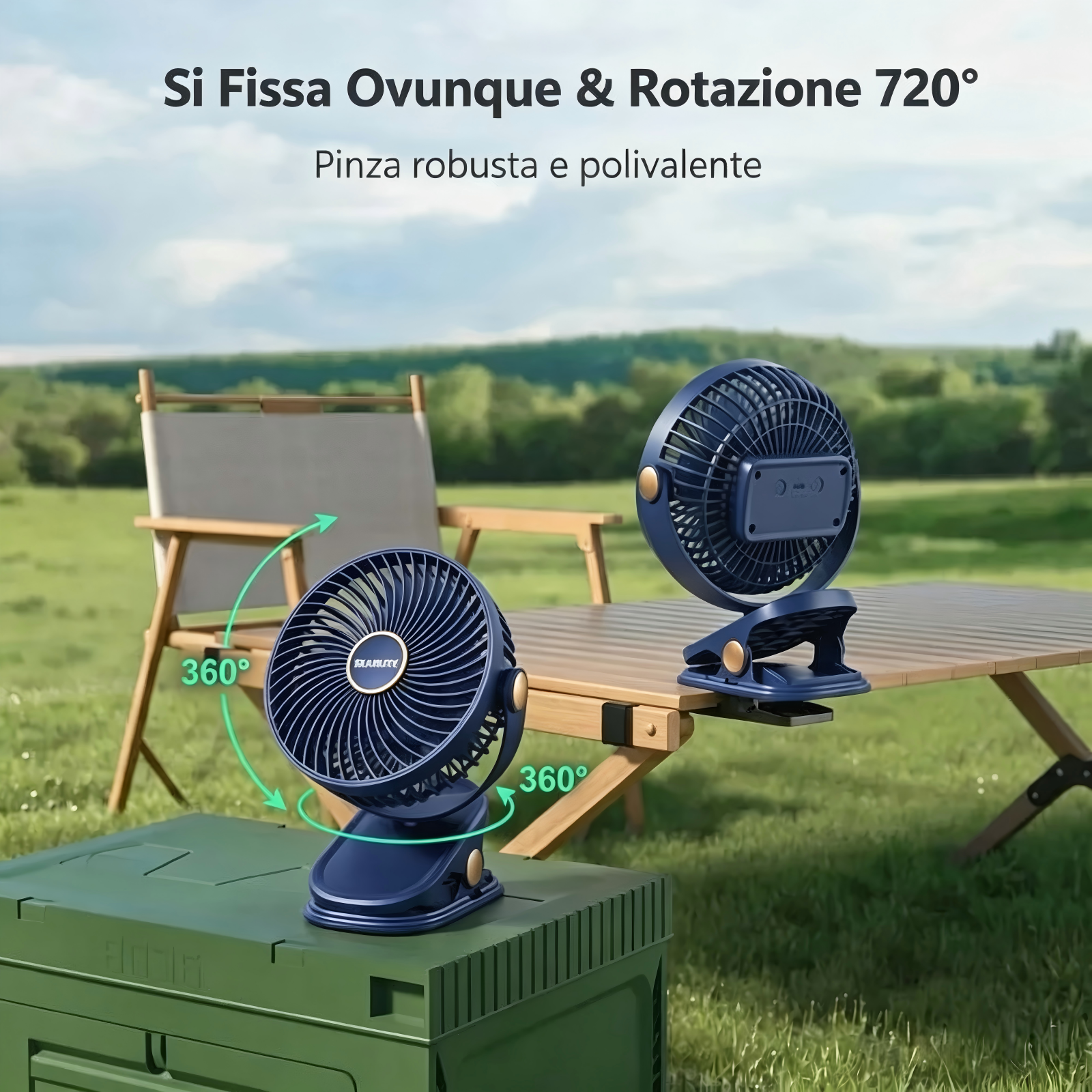 Due ventilatori blu a clip su tavolo da picnic e scatola verde.