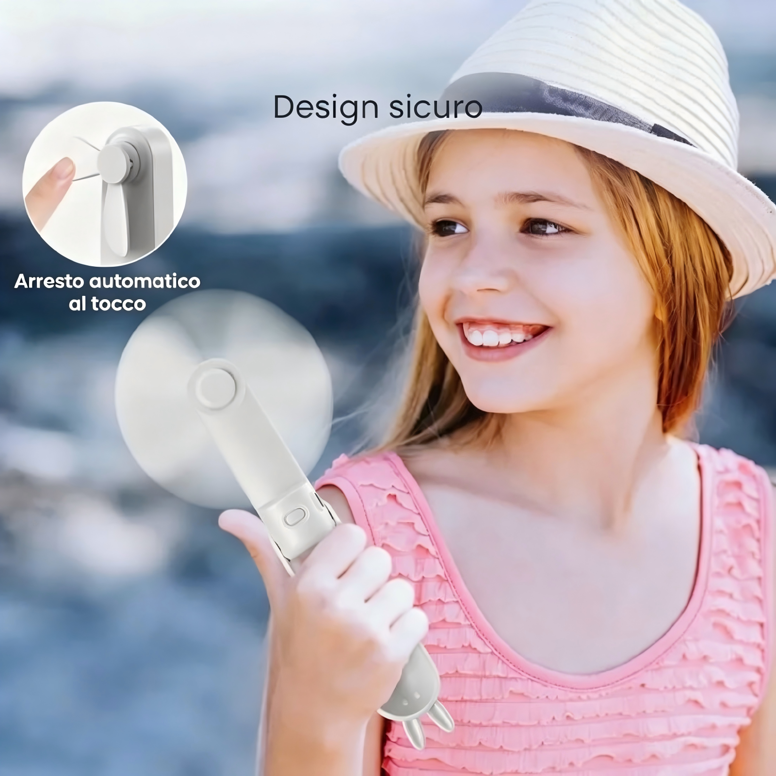 Una ragazza con cappello tiene un ventilatore bianco con orecchie da coniglio.