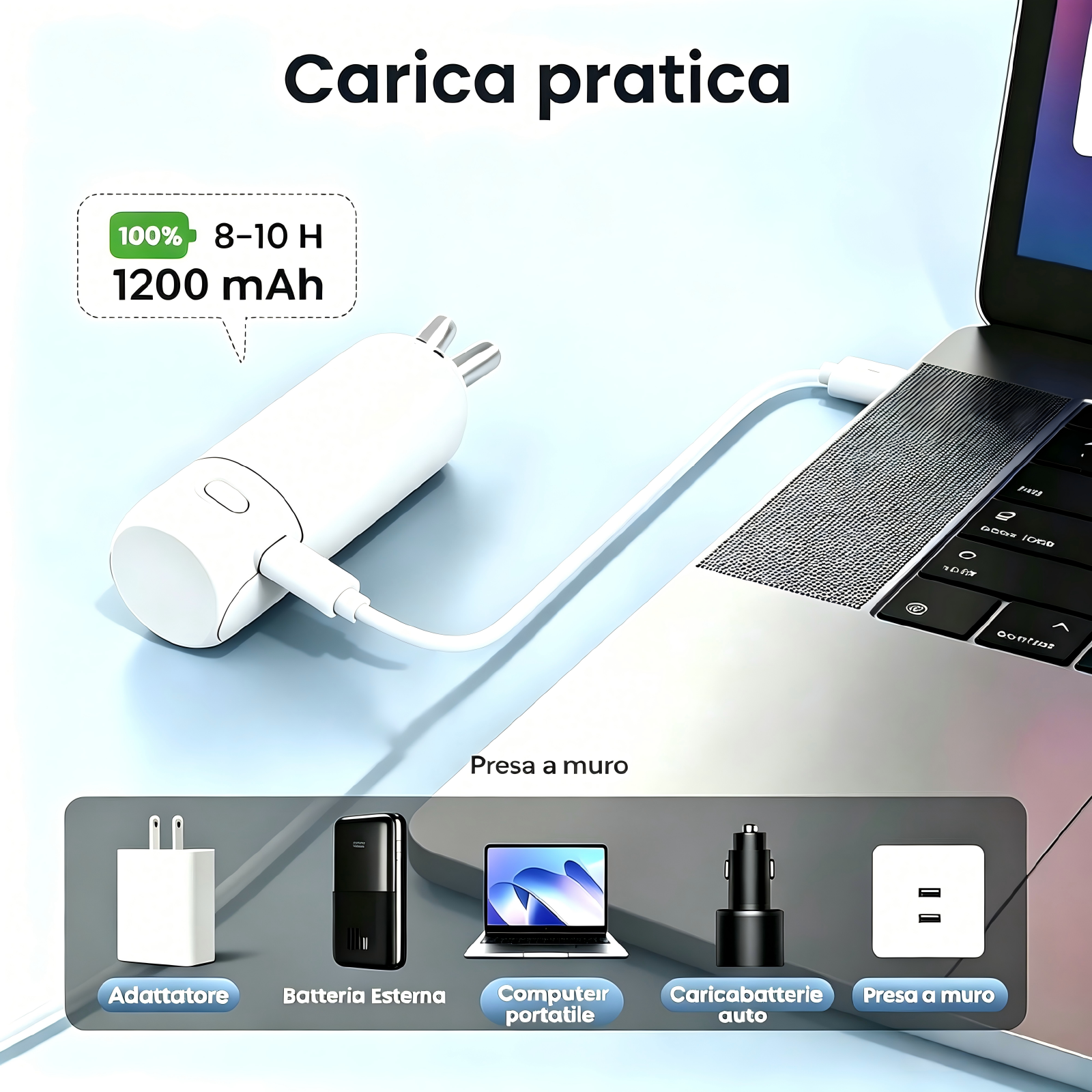 Un caricatore bianco a due pin è collegato a un laptop. Mostra 100% di carica, 8-10 ore, 1200 mAh.
