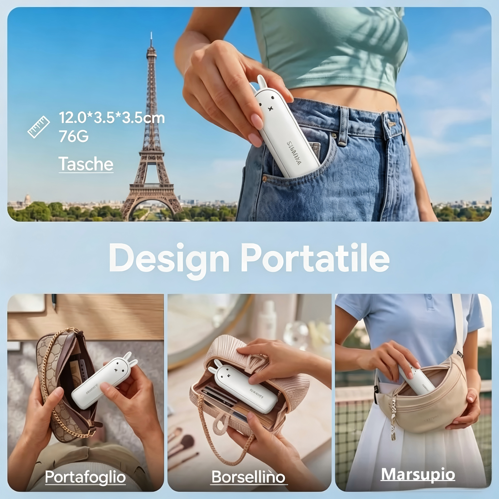 Sfondo Torre Eiffel con oggetto bianco a forma di coniglio messo in tasca.
