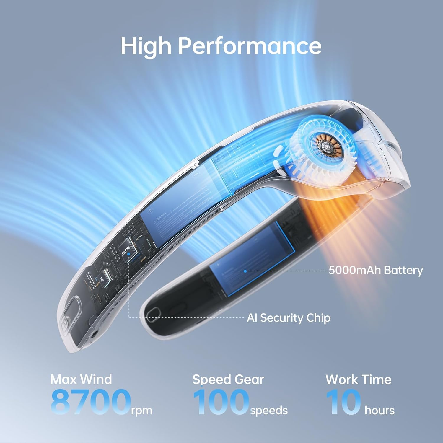 Dispositivo trasparente con ventola, chip e batteria. Vento max 8700 giri/min, 100 velocità.