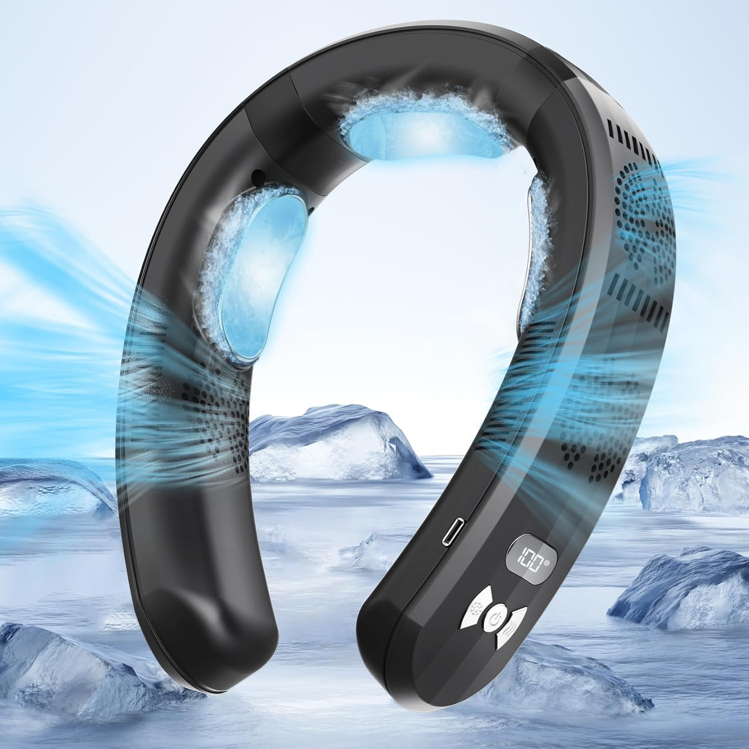 Un ventilatore da collo nero con accenti blu di ghiaccio/raffreddamento e iceberg sullo sfondo.