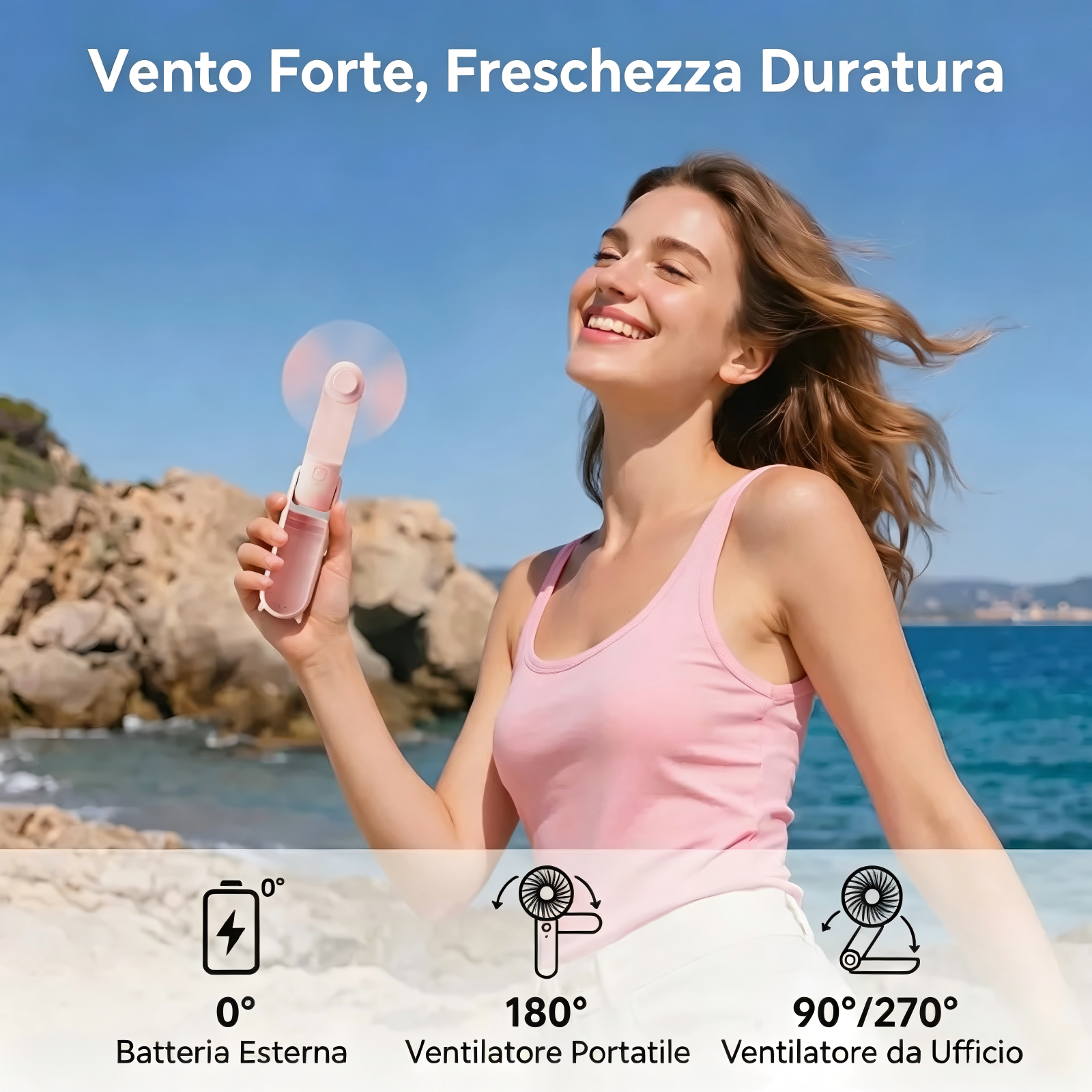 Una donna con un ventilatore rosa in spiaggia. Cielo azzurro e mare sullo sfondo.