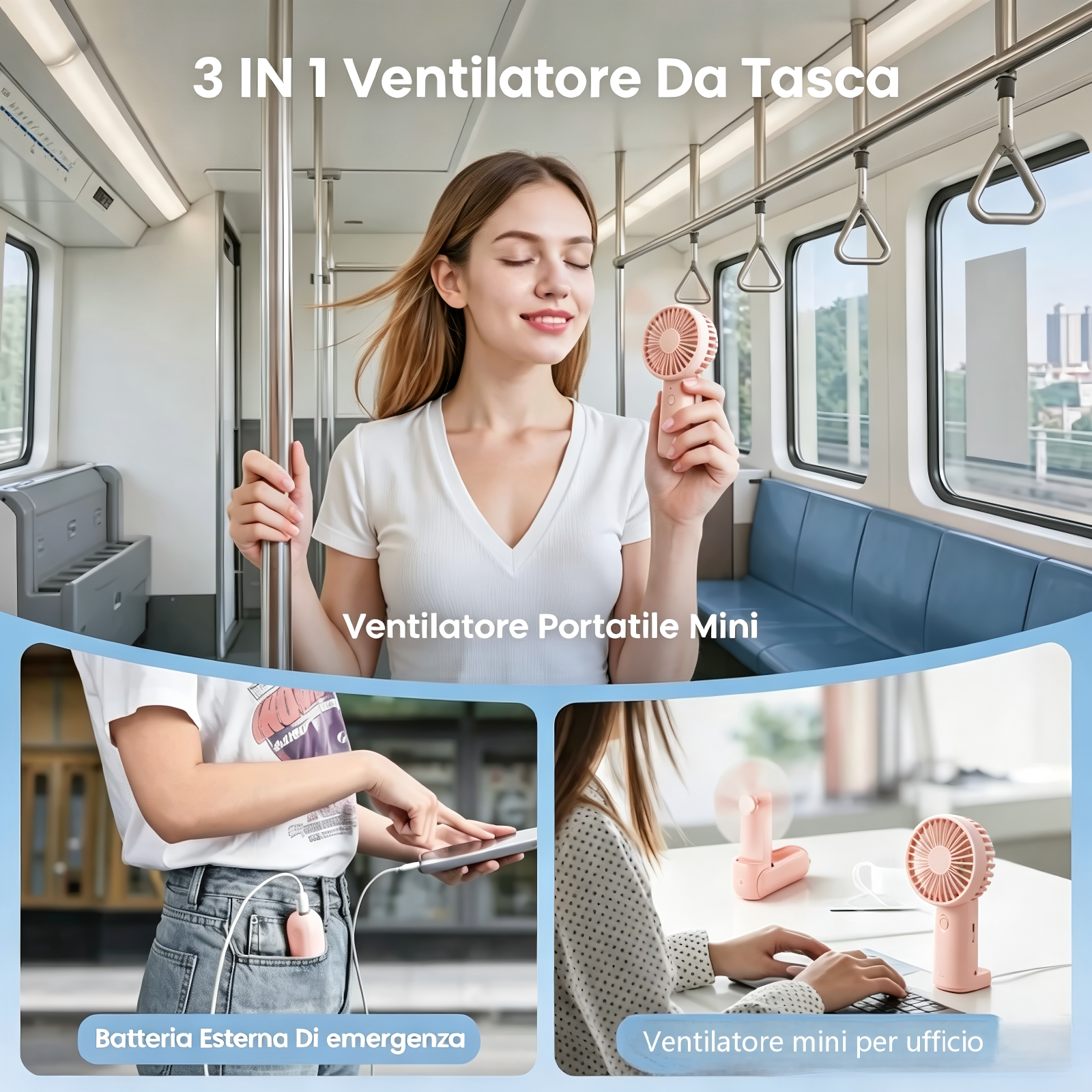 Donna su treno tiene ventilatore rosa; carica telefono con power bank; ventilatore su scrivania.