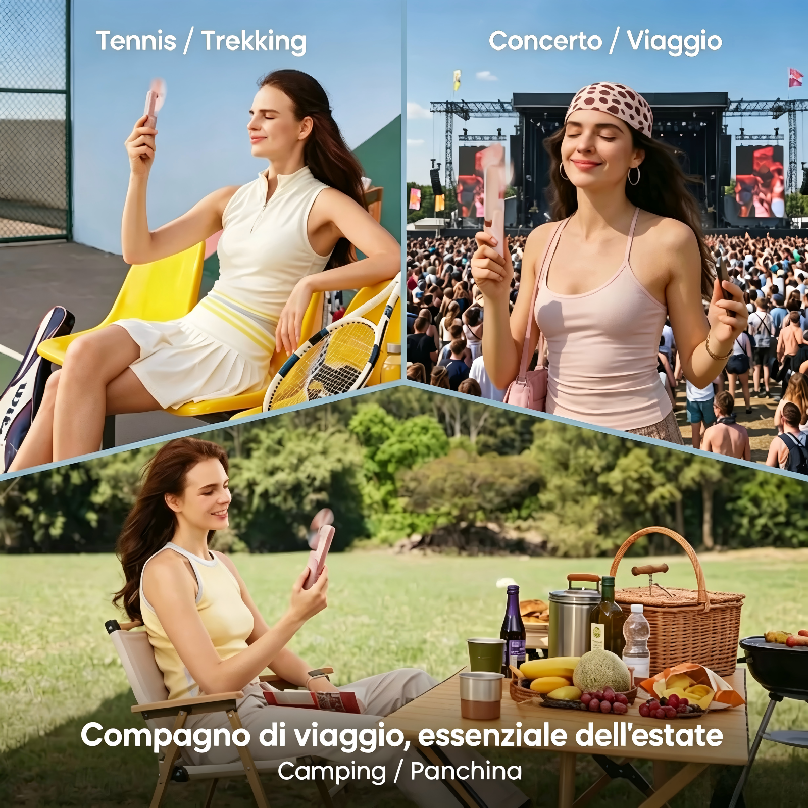 Tre scene: Donna si rinfresca su un campo da tennis, a un concerto e in campeggio.