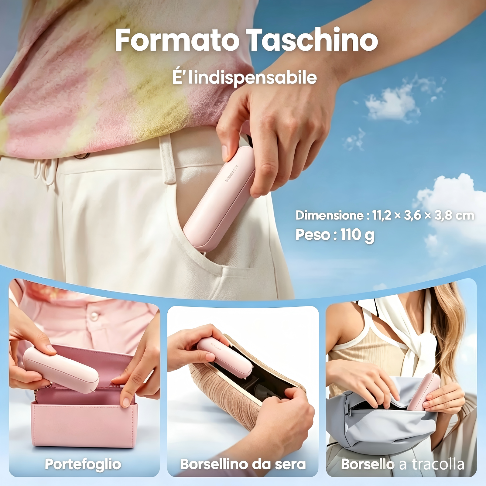 Una mano mette un dispositivo rosa in una tasca. Sotto: tre scene con borse.