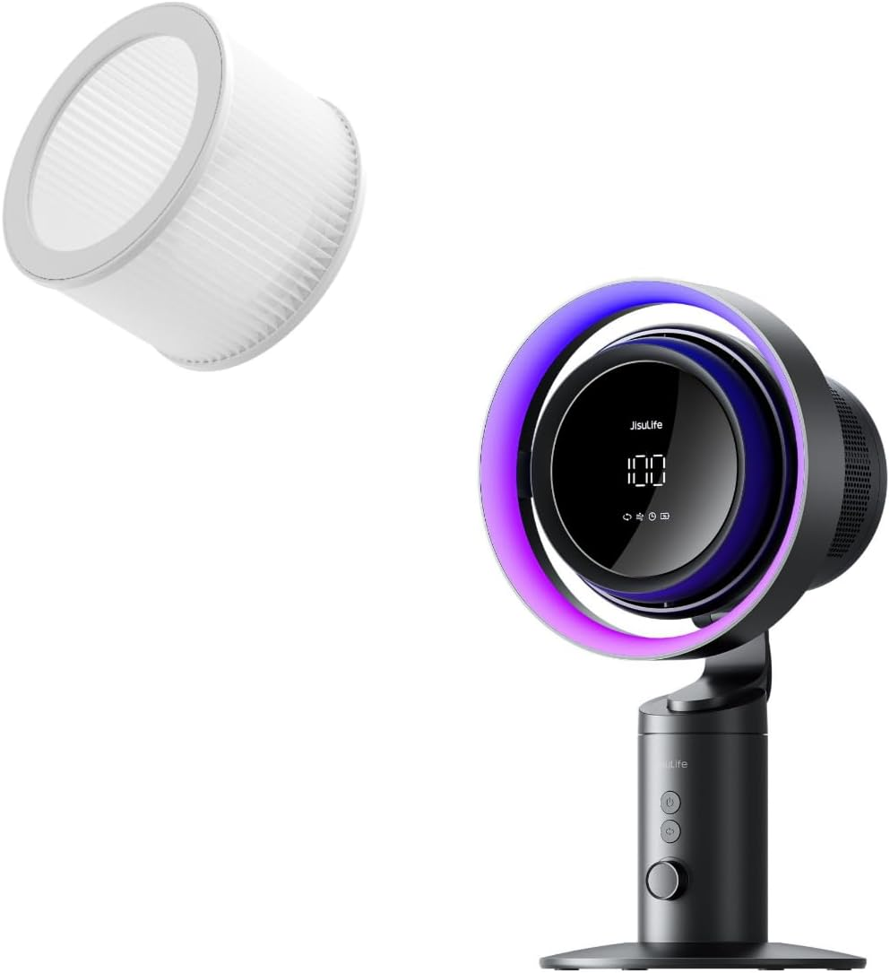 Sono mostrati un filtro dell'aria bianco e una ventola nera con anello luminoso viola.