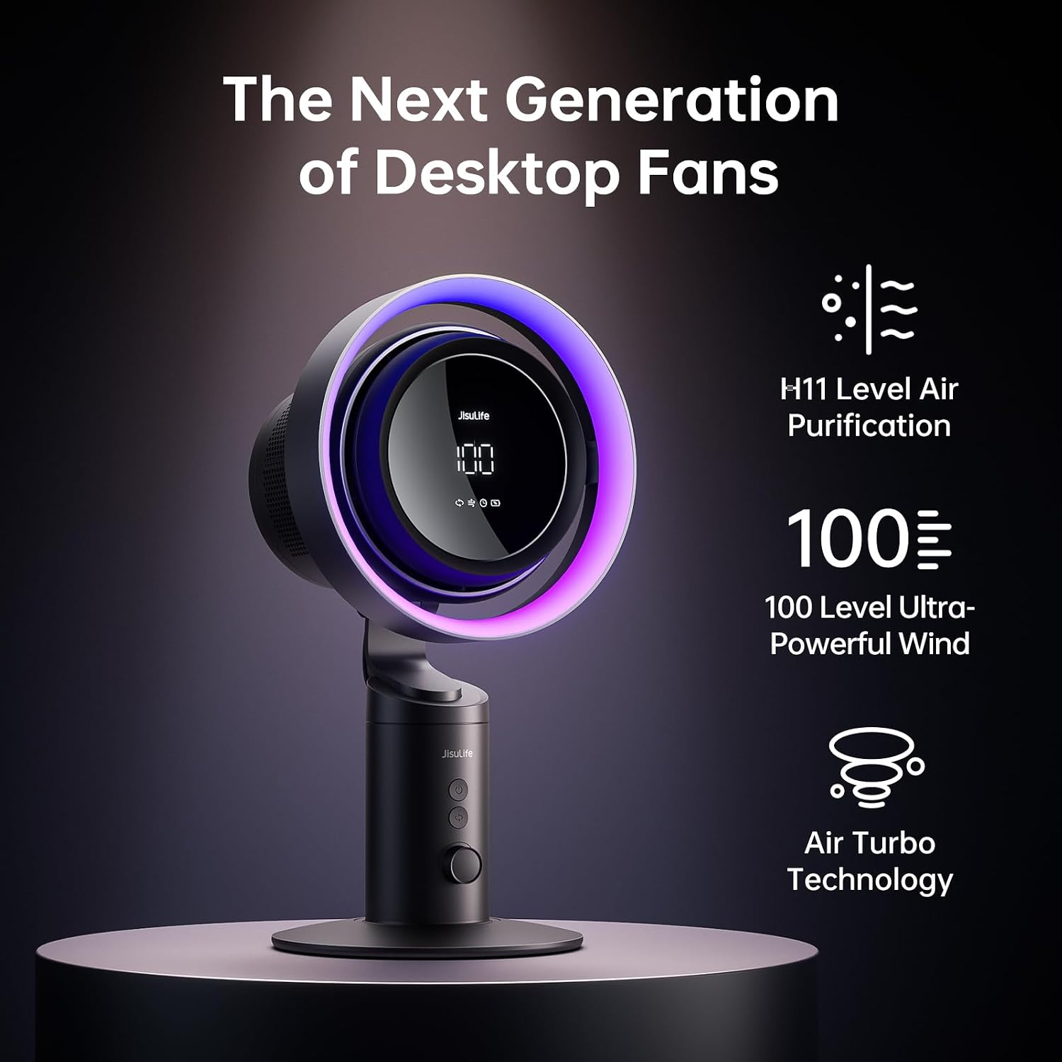 Un ventilatore da scrivania nero con illuminazione viola e display digitale.