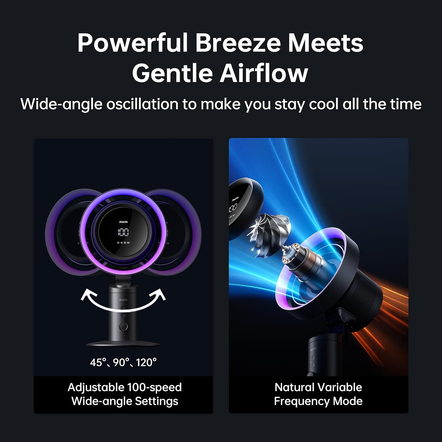 Ventilatore con 100 velocità e oscillazione ampia; motore a frequenza variabile.