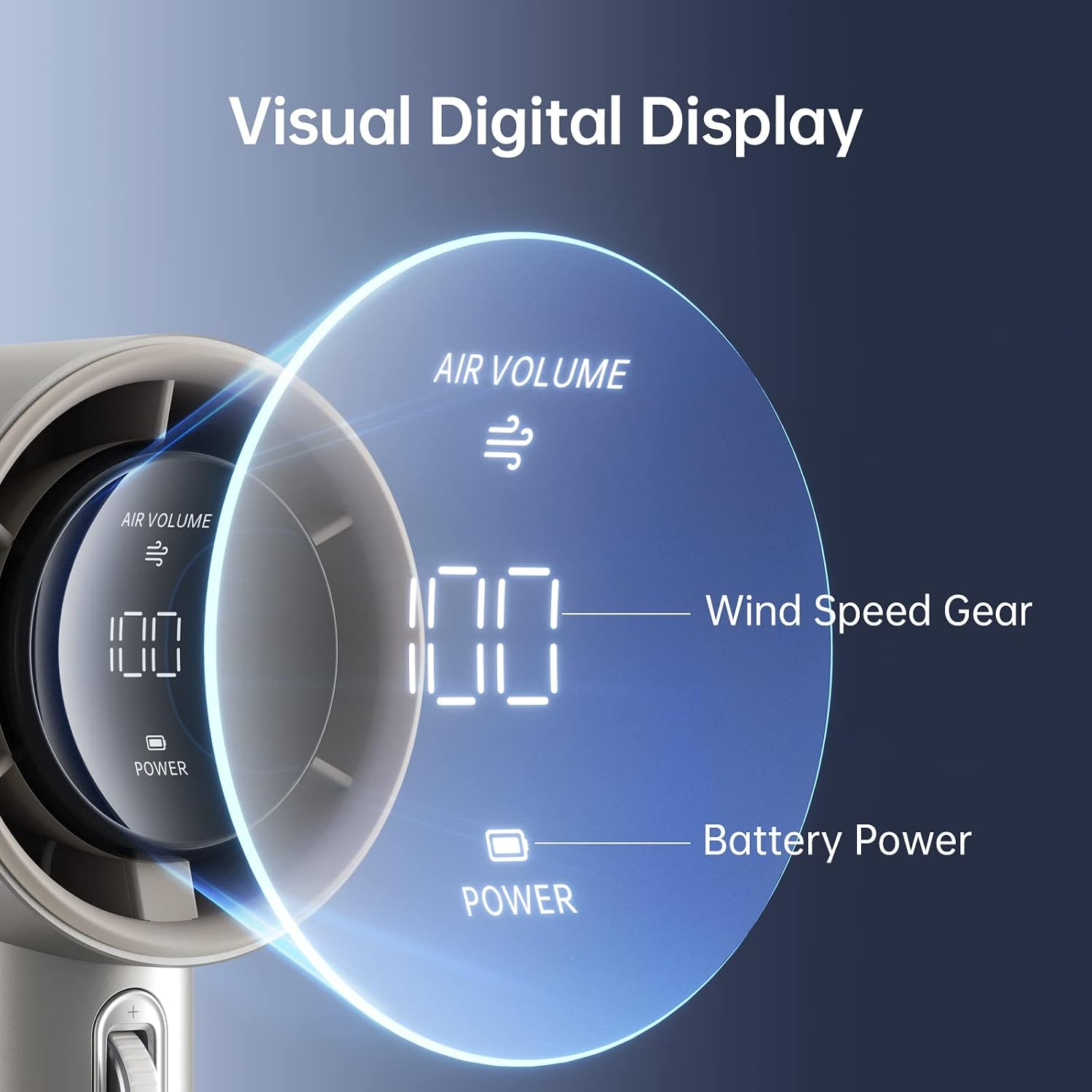 Un display digitale mostra volume aria, velocità vento e potenza batteria di un dispositivo.
