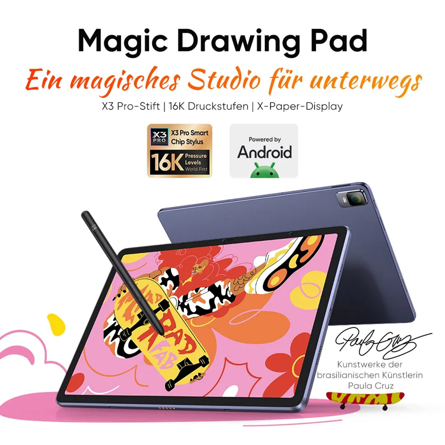 Ein blaues Tablet mit Stift und bunter Grafik, das 'Magic Drawing Pad' heißt.