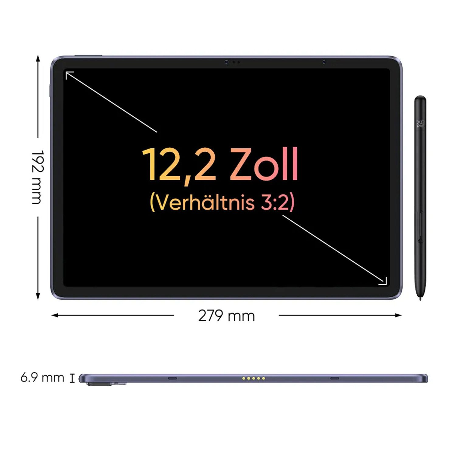 Ein Tablet mit Stift, Maße 192x279mm, Dicke 6.9mm.