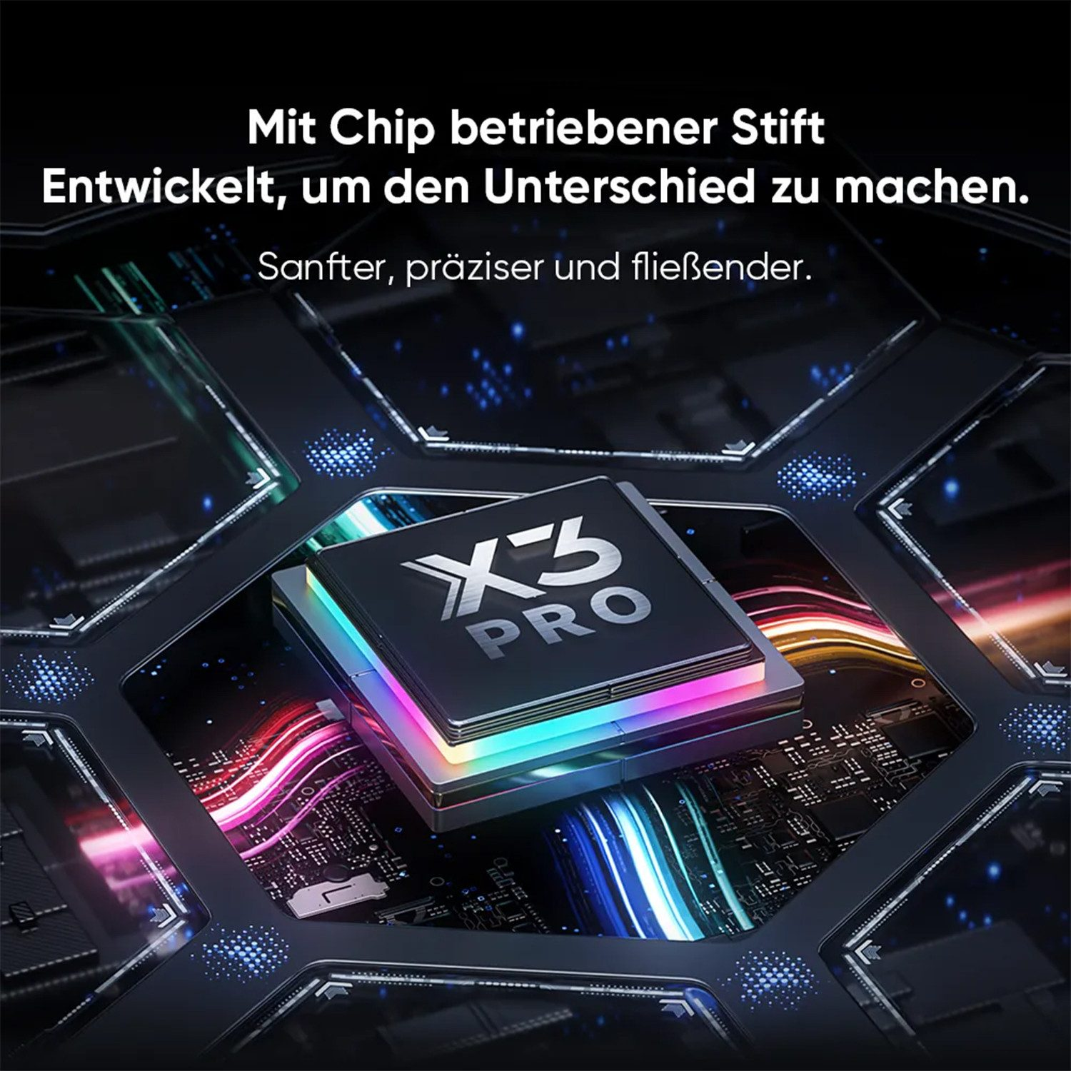 Ein Chip-betriebener Stift mit "X3 PRO"-Aufschrift auf einem dunklen Hintergrund mit blauen Lichtern.