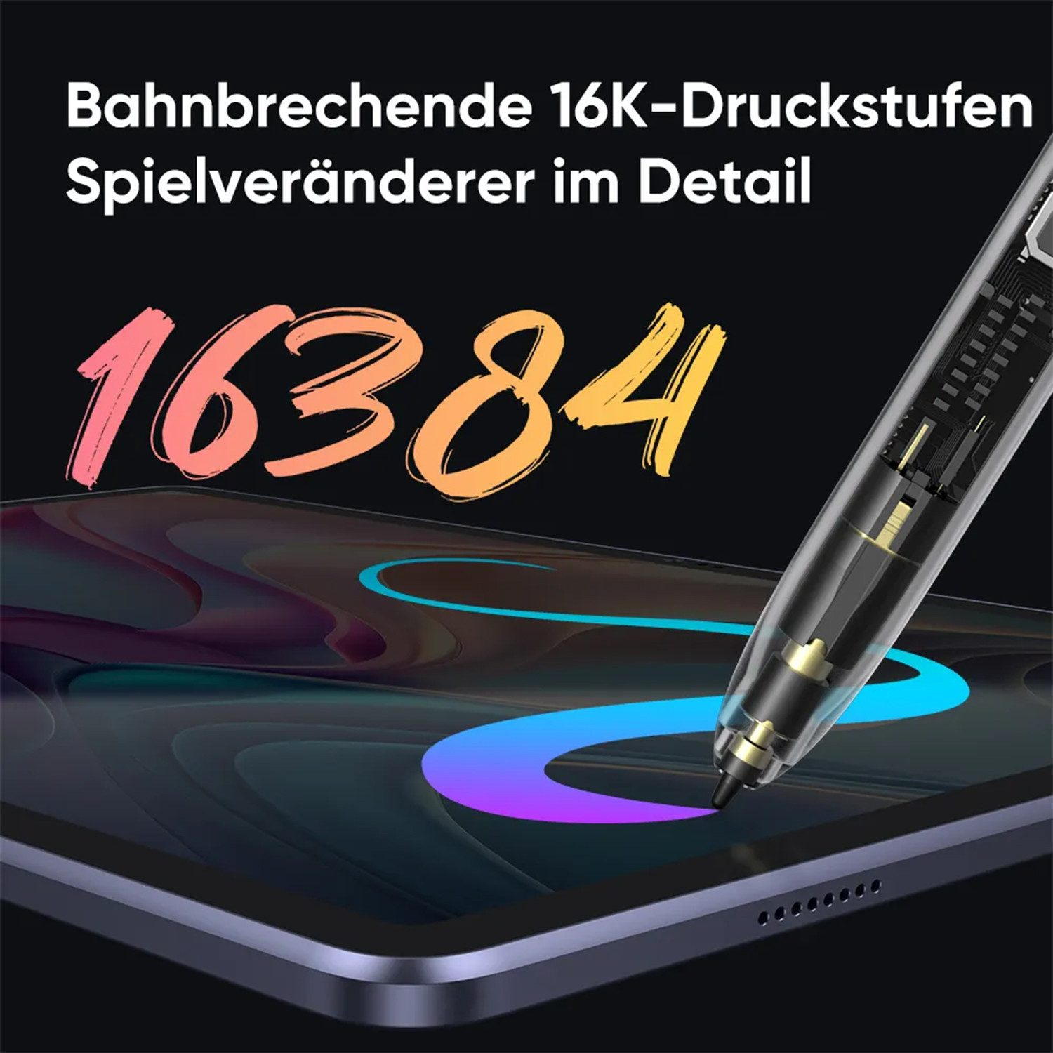 Ein Stift mit 16384 Druckstufen schwebt über einem Tablet-Bildschirm.