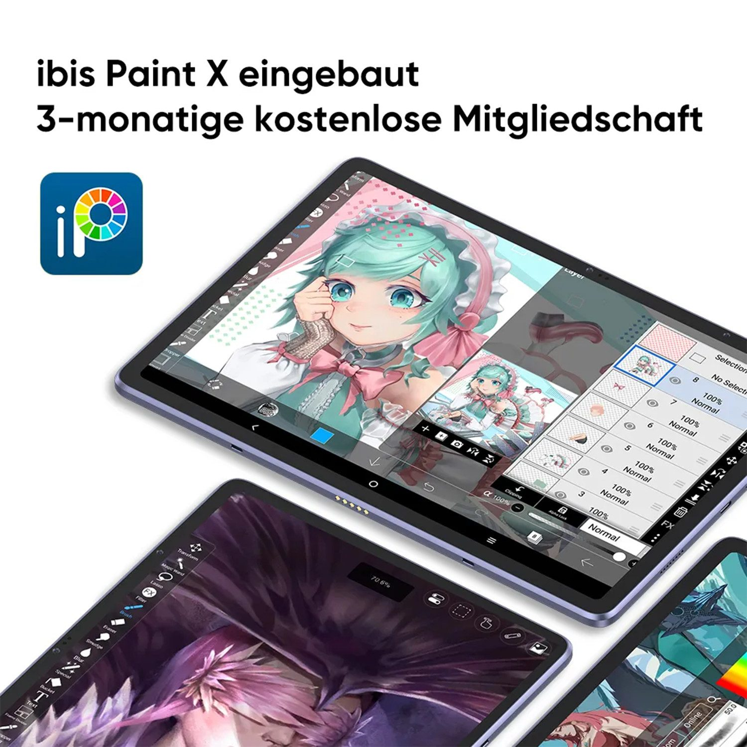 Tabletas muestran ibis Paint X con arte anime y barras de herramientas. Logo arriba.