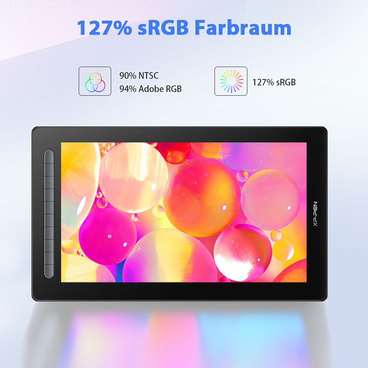 Ein Grafiktablett zeigt bunte Blasen, 127 % sRGB Farbraum.