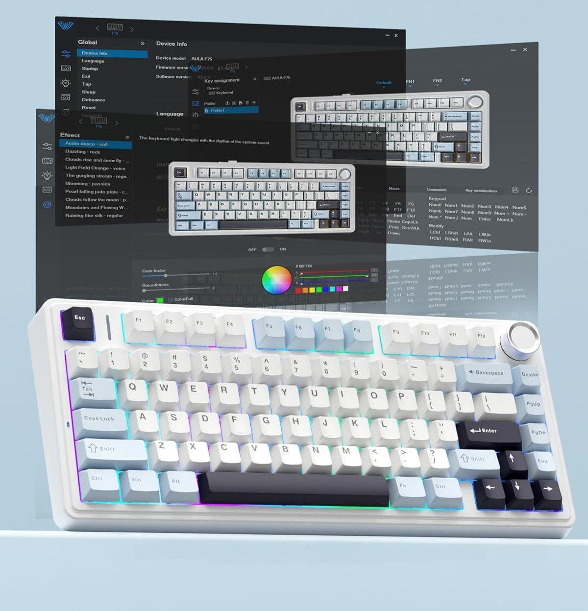 Biała klawiatura mechaniczna z podświetleniem RGB i ustawieniami oprogramowania.
