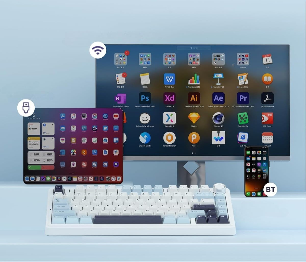 Konfiguracja wielu urządzeń z klawiaturą, iPadem, smartfonem i monitorem wyświetlającym aplikacje.