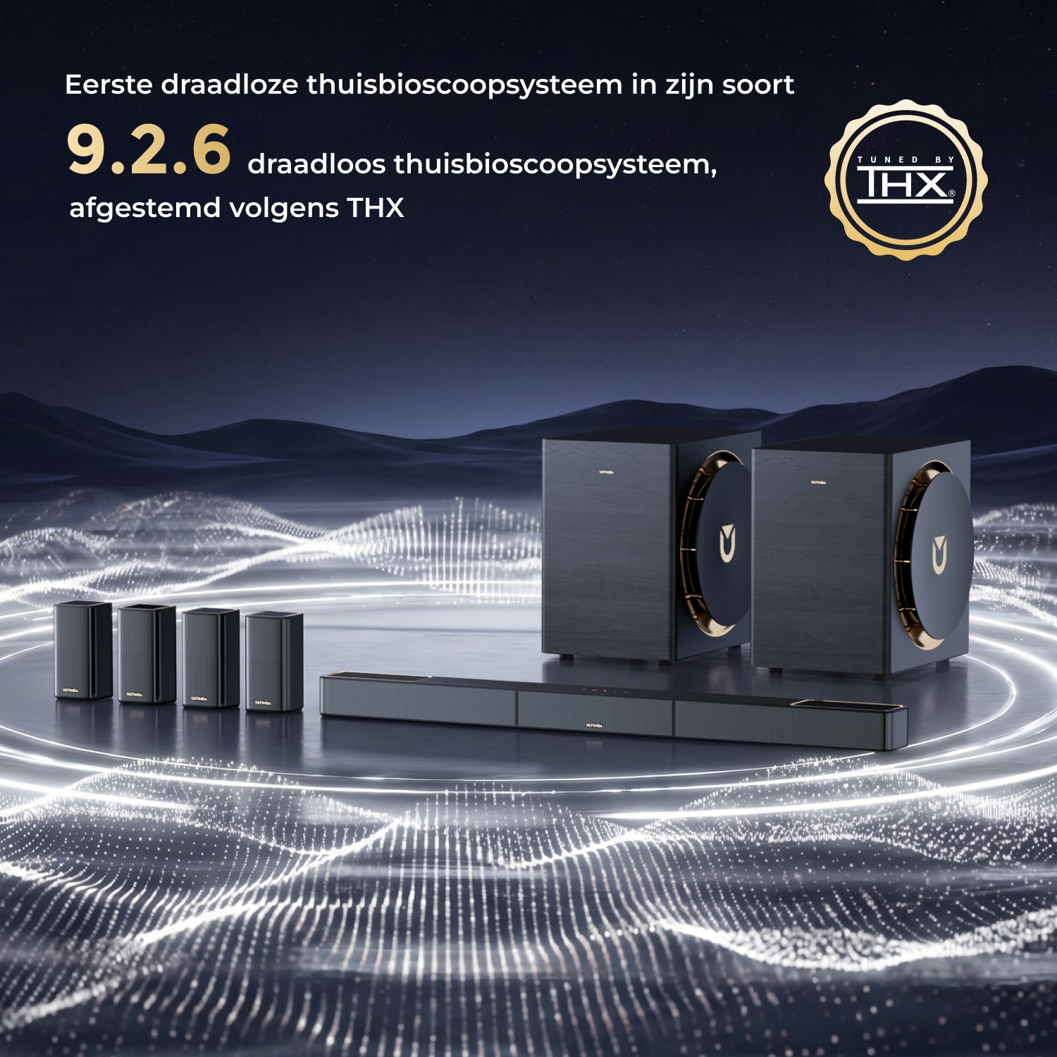 Un système audio sans fil 9.2.6 pour cinéma maison avec subwoofers et haut-parleurs.