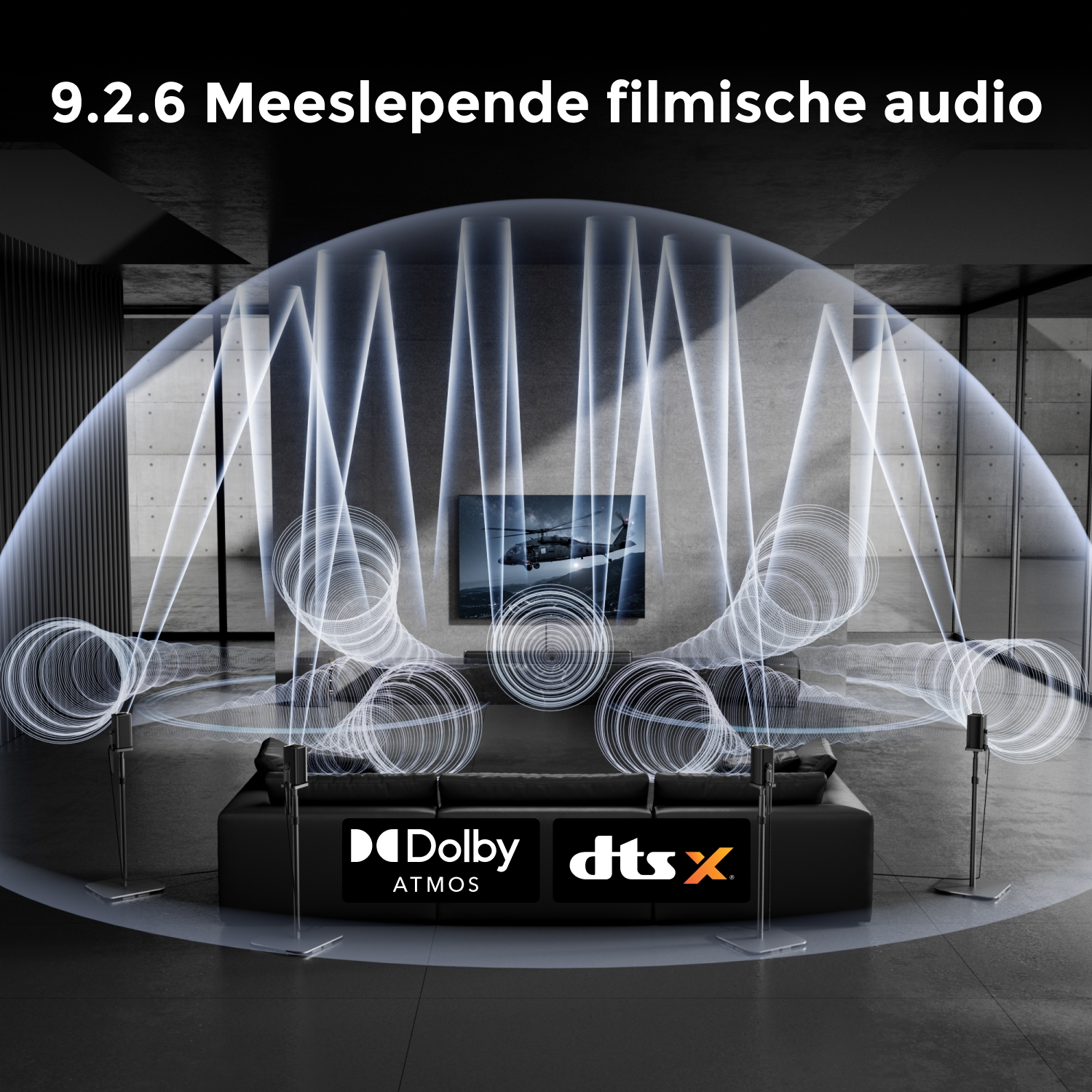 Visualisation audio 3D dans un salon moderne avec logos Dolby Atmos et DTS:X.