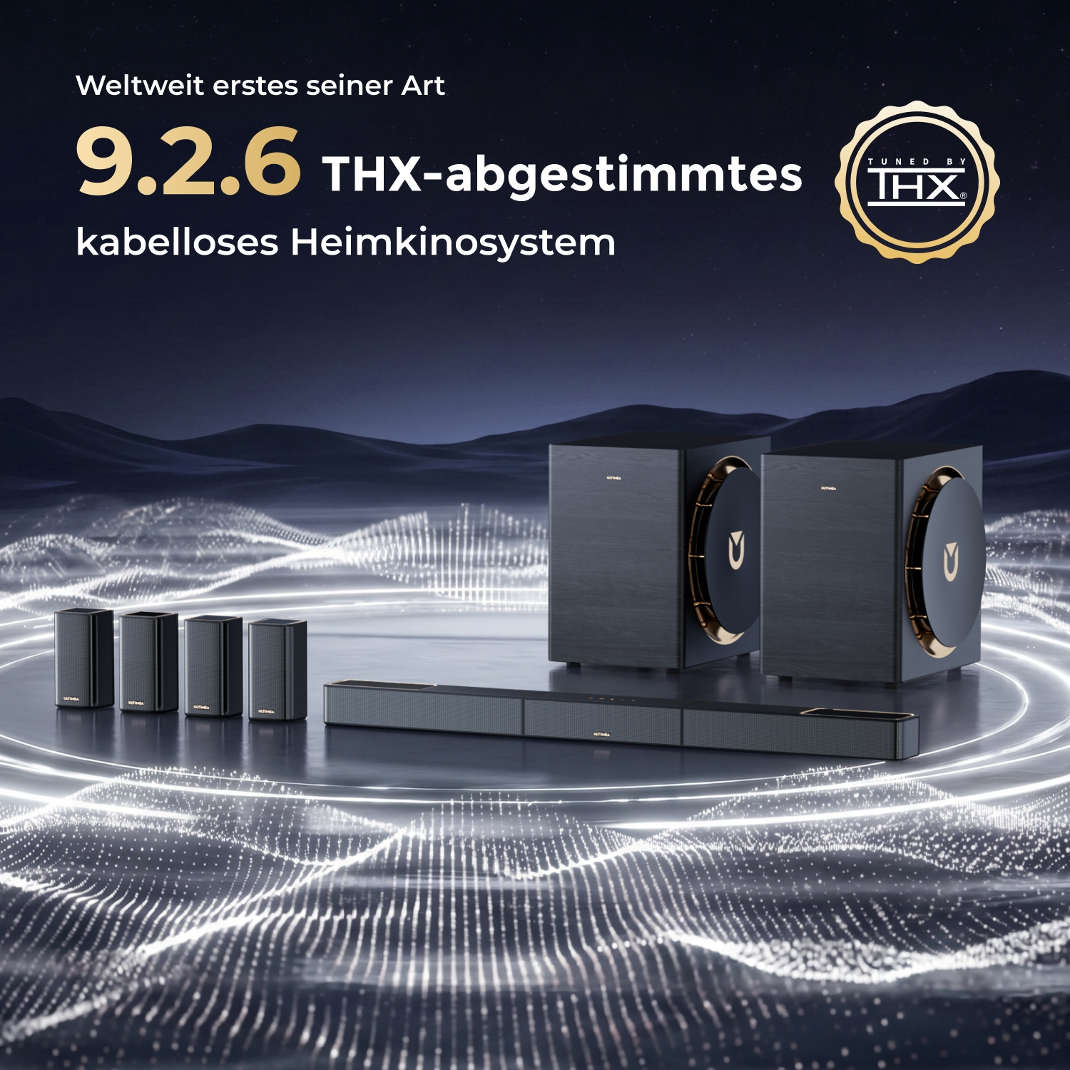 Ein drahtloses 9.2.6 THX-Heimkinosystem mit Subwoofern, Lautsprechern und Soundbar.
