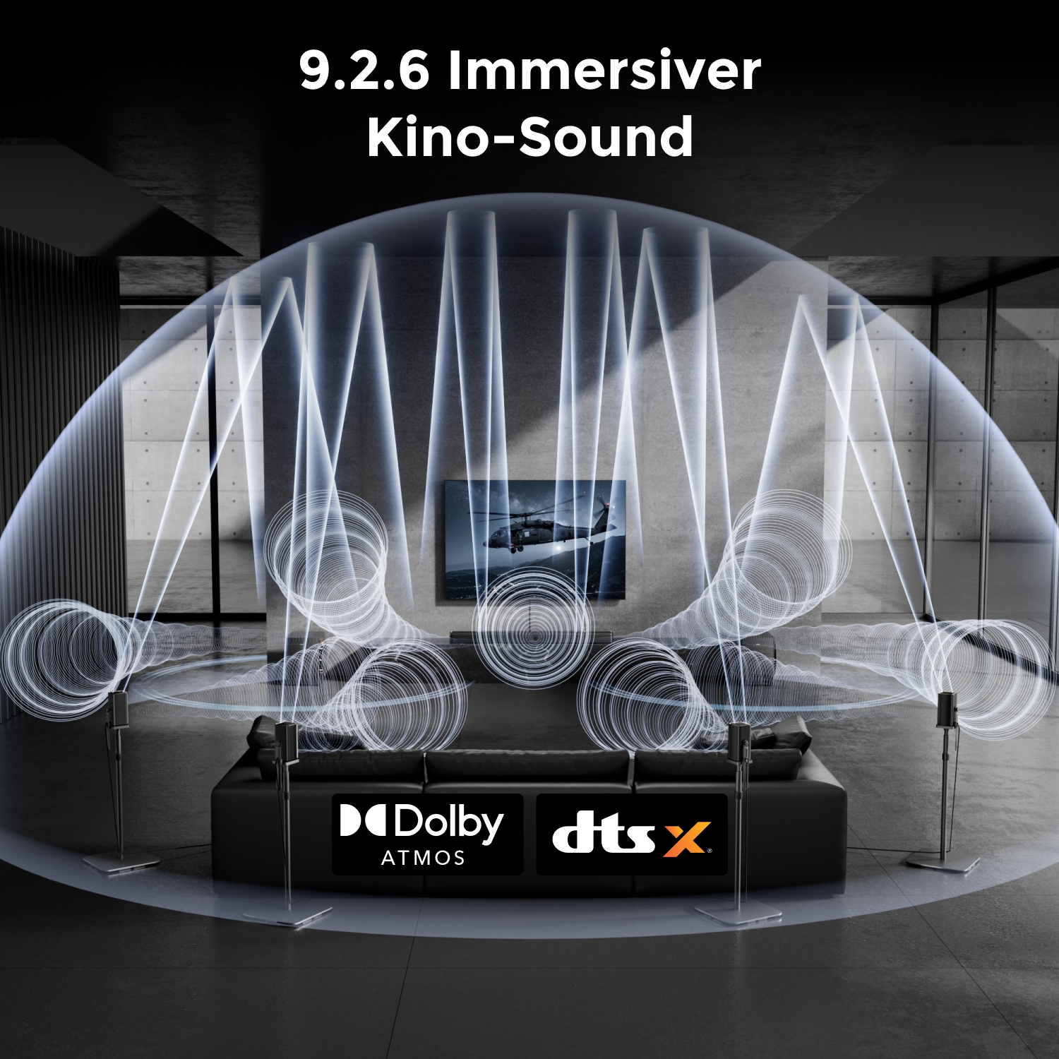 Ein Wohnzimmer mit Dolby Atmos und DTS:X Soundwellen.