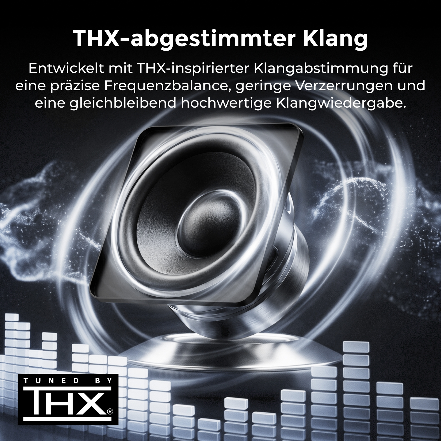 Ein Lautsprecher mit THX-Logo und Equalizer-Balken. THX-abgestimmter Klang.