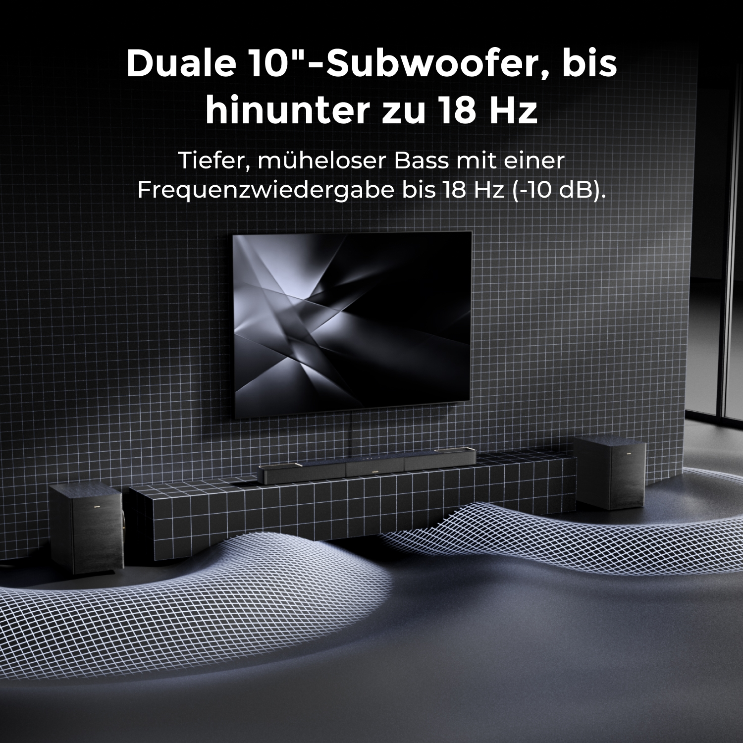 Schwarze Subwoofer und Soundbar vor einem dunklen Gitterhintergrund.
