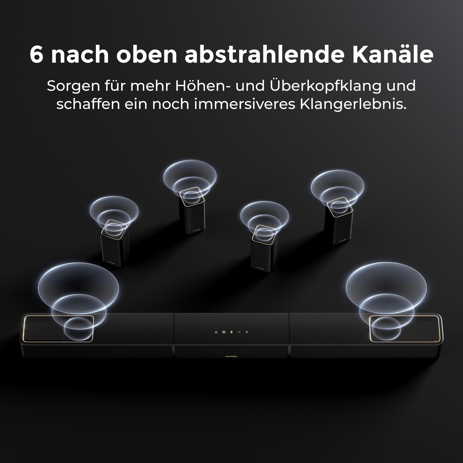 Schwarze Soundbar mit fünf nach oben gerichteten Lautsprechern und Wellenanzeigen.