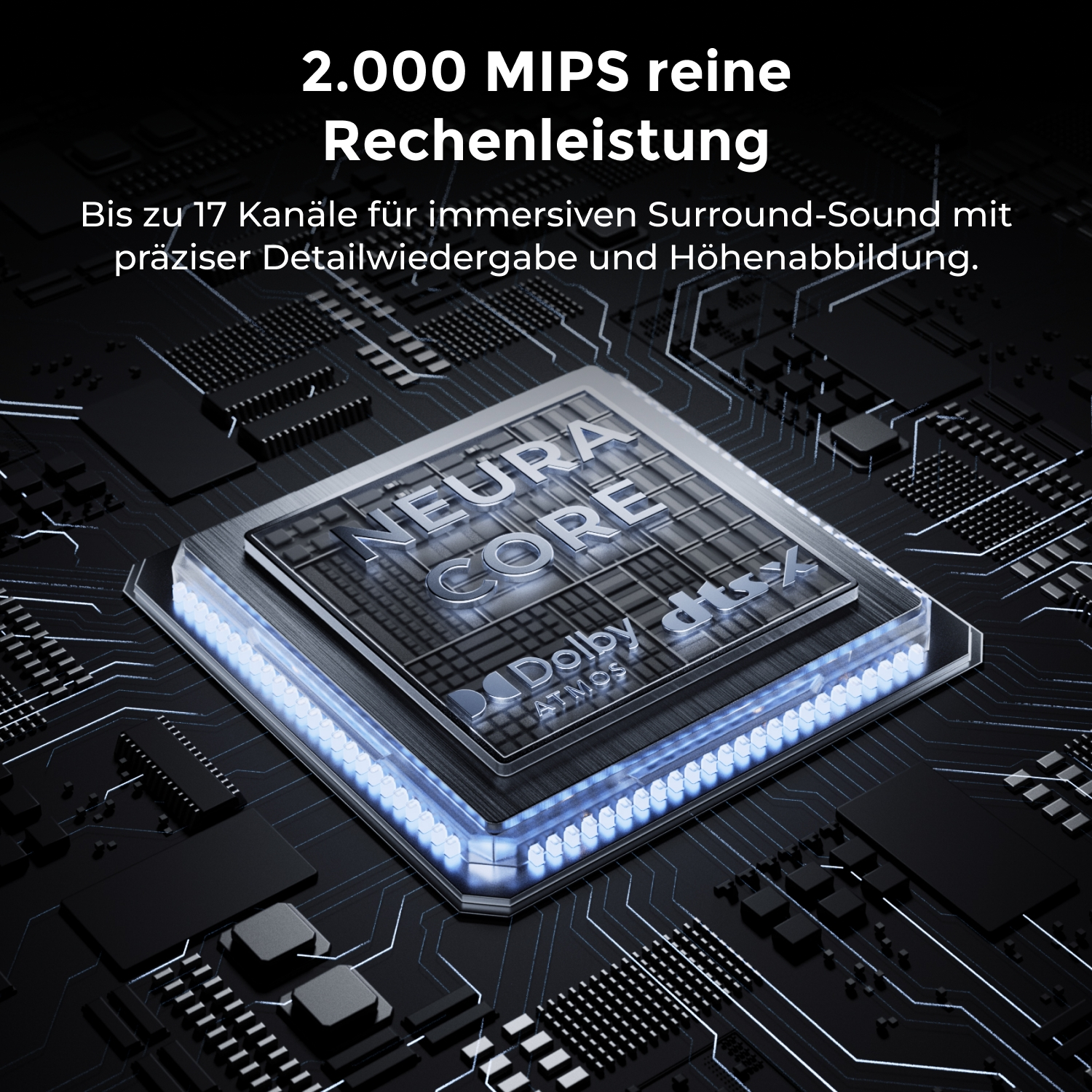 Ein Prozessor mit "NEURA CORE" und Dolby Atmos/dtsX. Blaue Lichter umranden es.