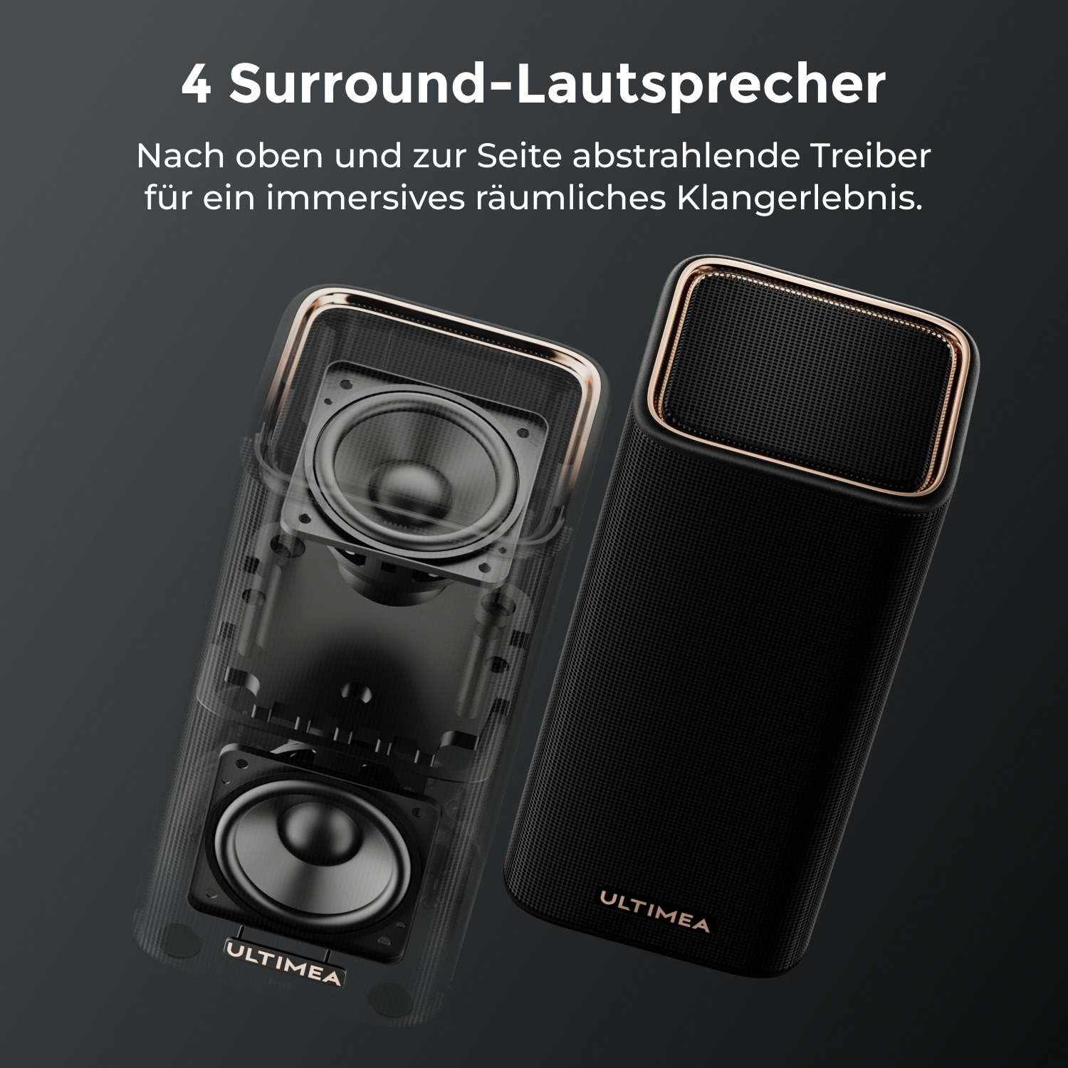 Zwei schwarze Lautsprecher mit Goldrand, einer transparent mit vier Treibern.