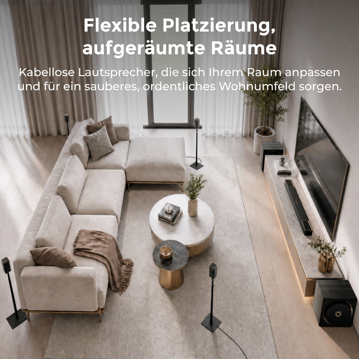 Modernes Wohnzimmer mit Sofa, Couchtisch, Fernseher und Lautsprechern.