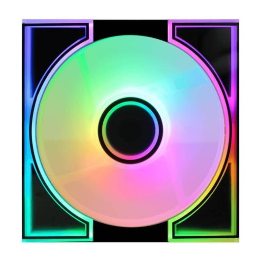 Ein runder Lüfter mit RGB-Beleuchtung auf schwarzem Hintergrund.