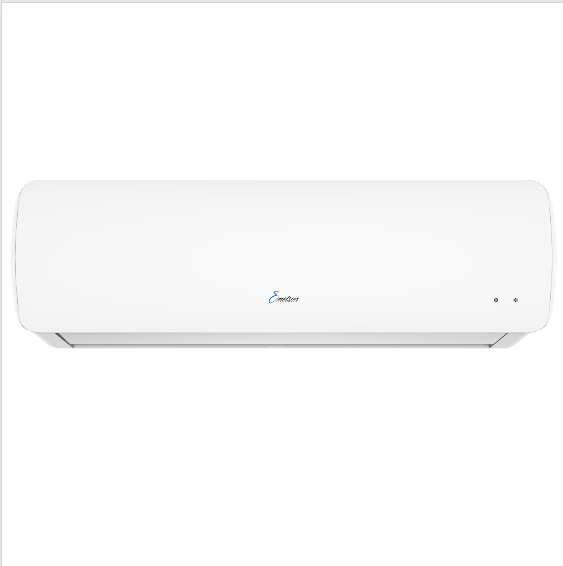Un aire acondicionado blanco con el logo azul "Emerson" y pequeñas luces.