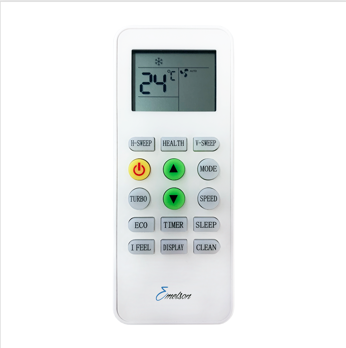 Mando a distancia blanco de aire acondicionado con pantalla digital mostrando 24 grados. Botones de encendido, modo y velocidad.