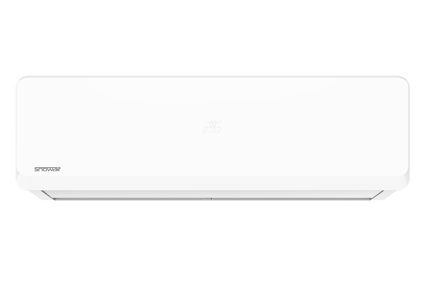 Una unidad de aire acondicionado blanca con pantalla digital azul que muestra 26.