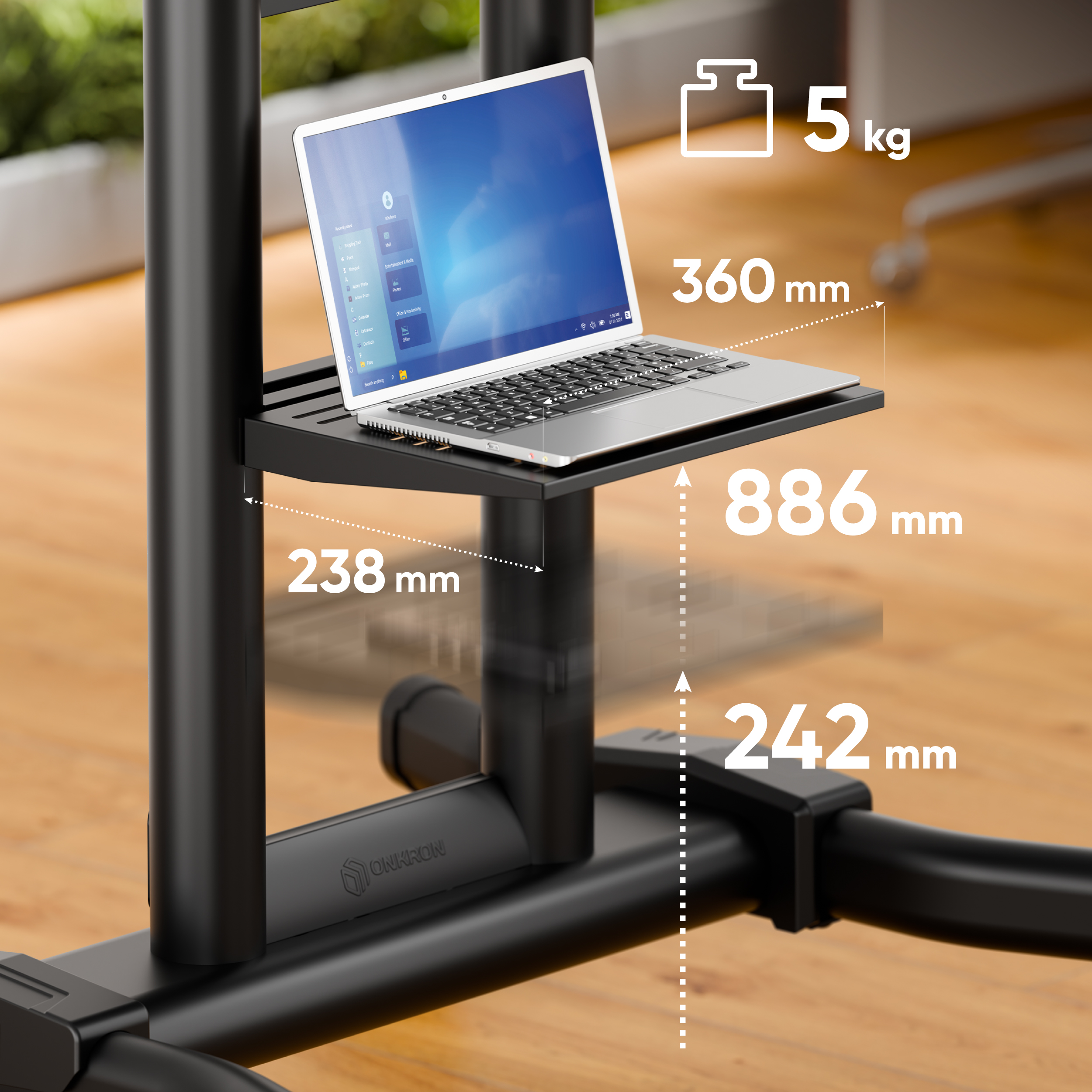 Un portátil en un soporte negro con dimensiones y un icono de 5kg.