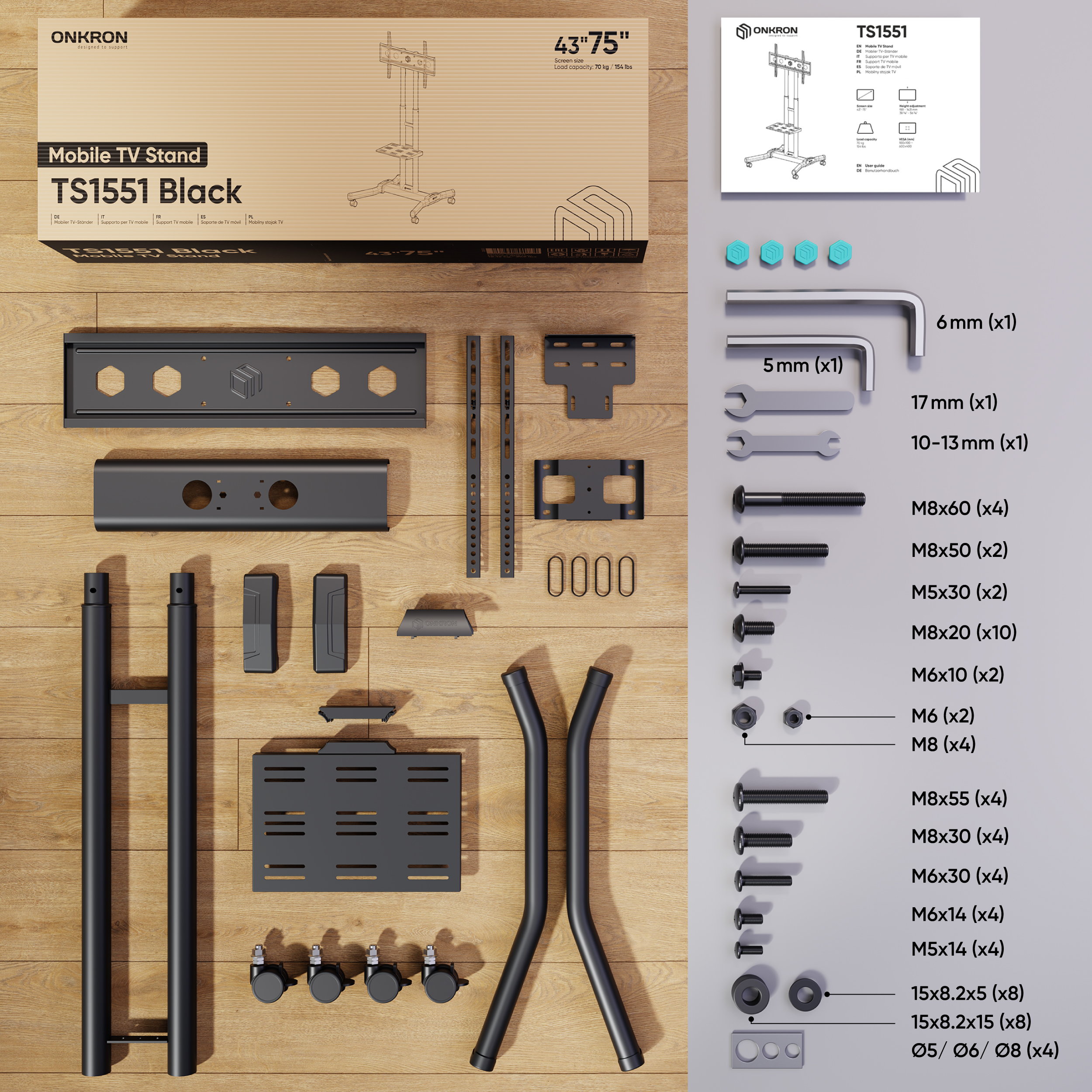 Soporte TV móvil negro ONKRON TS1551 y accesorios sobre madera.