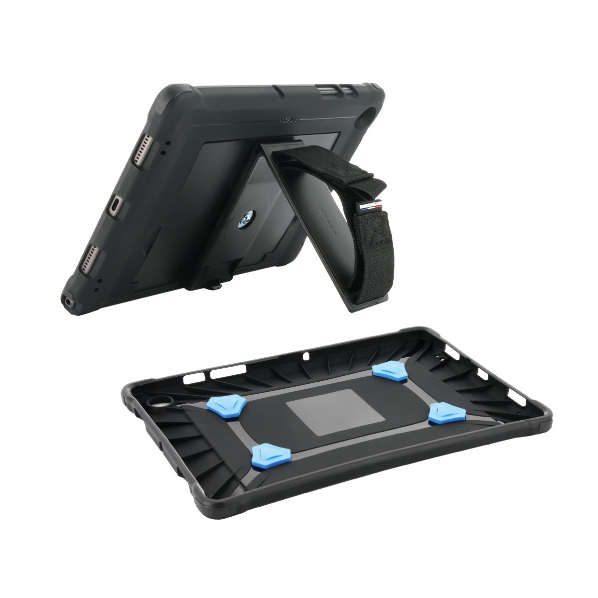 Custodia nera per tablet con supporto e custodia separata con clip blu.