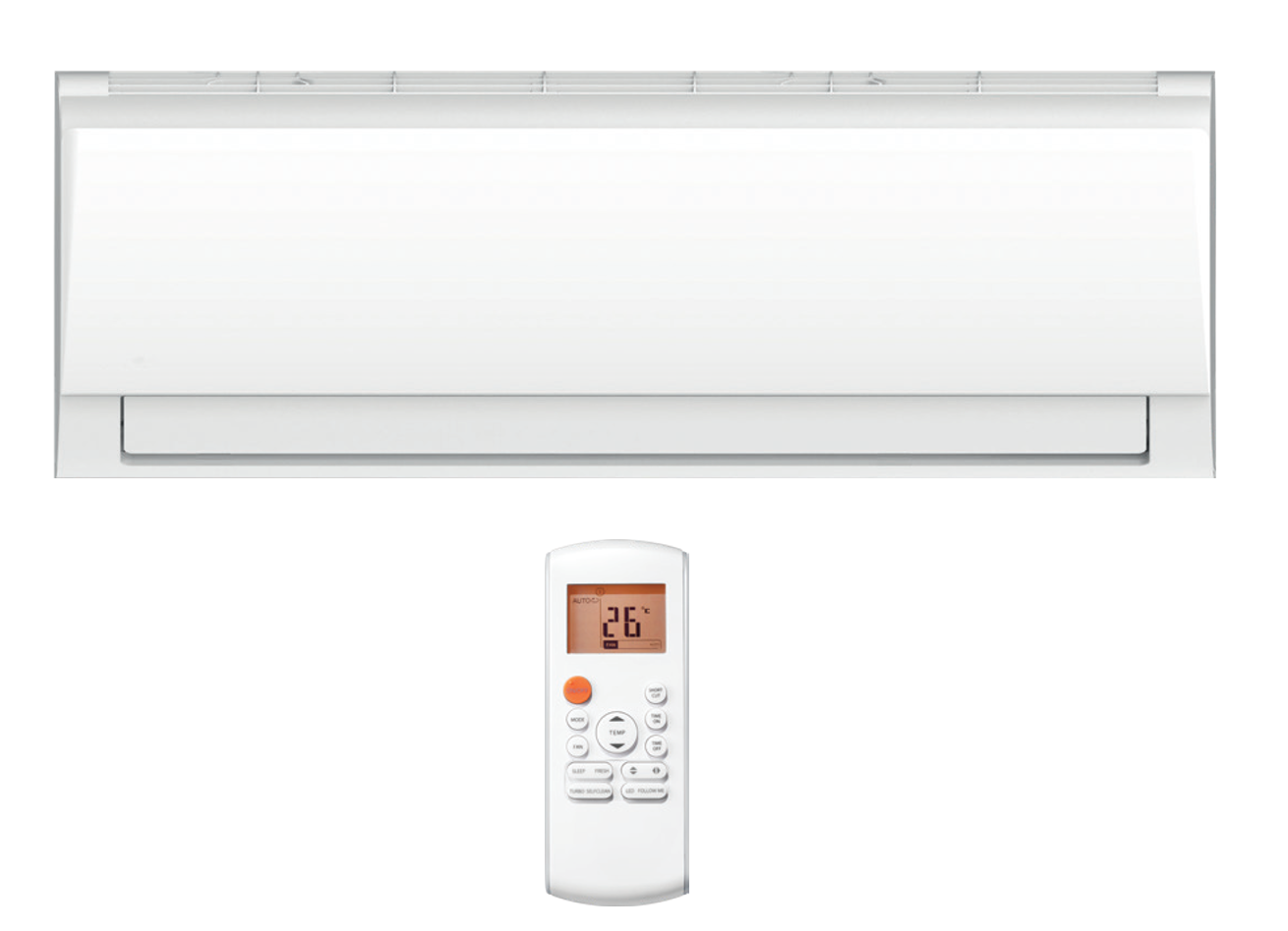 Un aire acondicionado blanco con mando a distancia que muestra 26 grados.