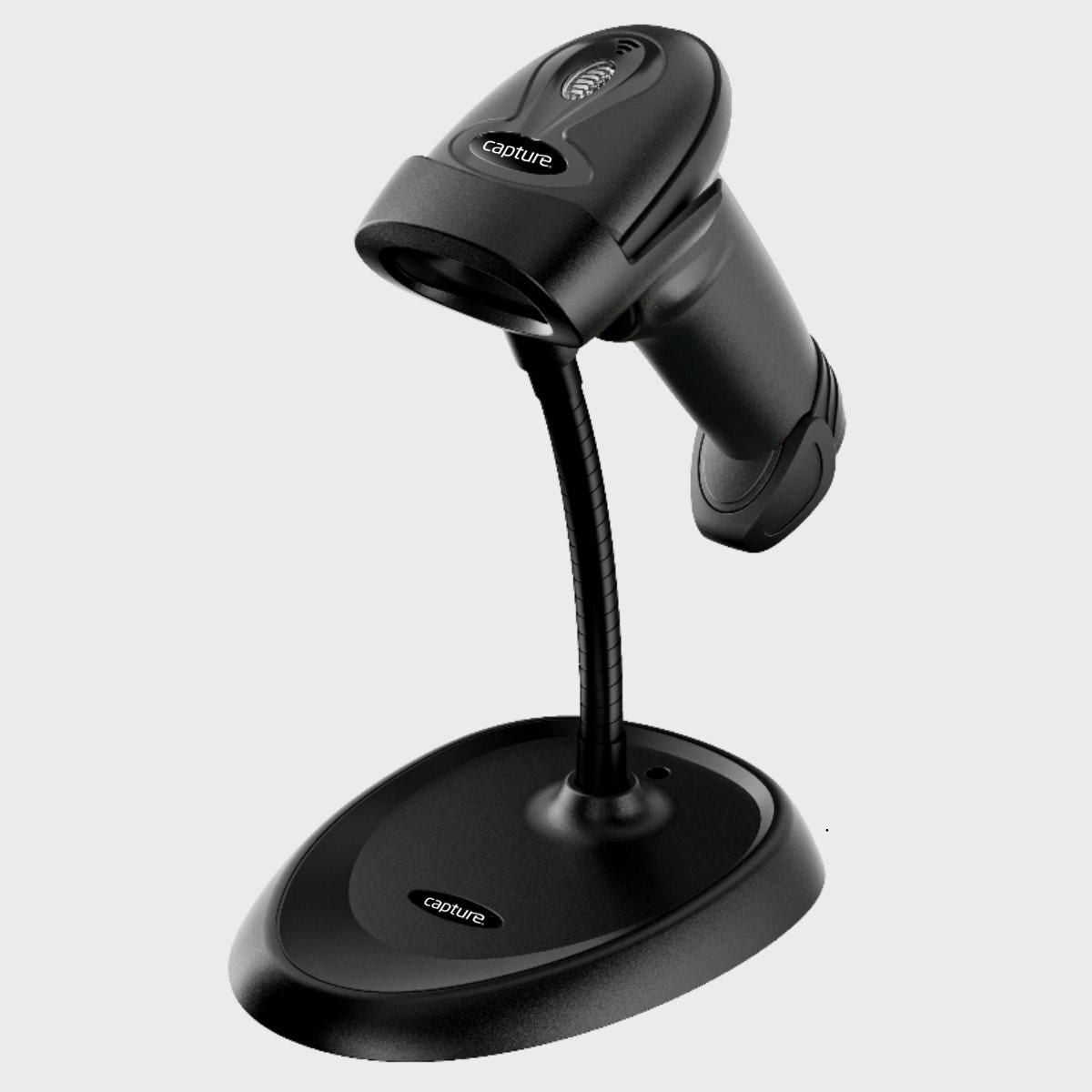 Uno scanner di codici a barre nero con supporto flessibile e base ovale.
