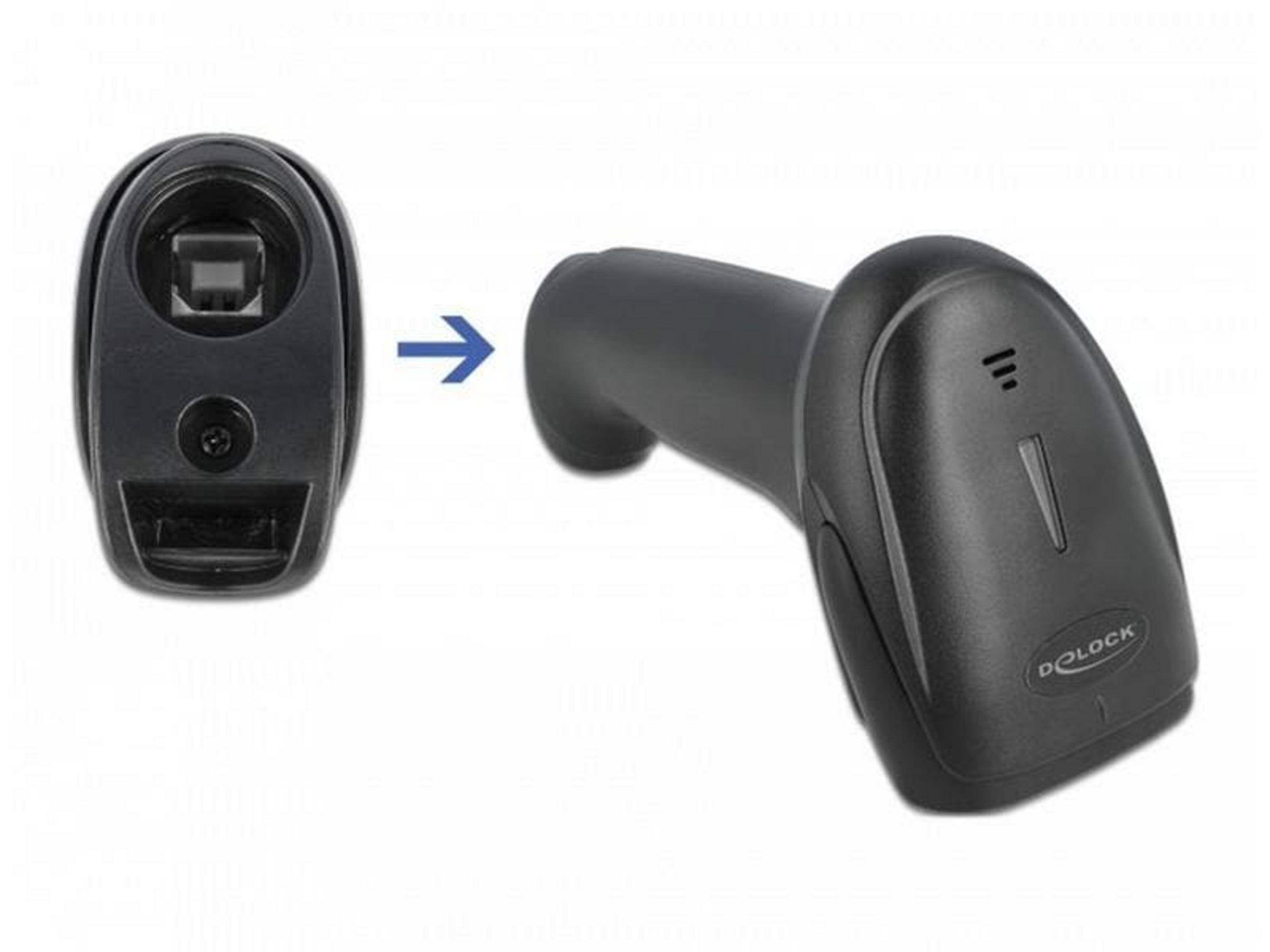 Scanner di codici a barre nero, vista frontale e laterale, con freccia.