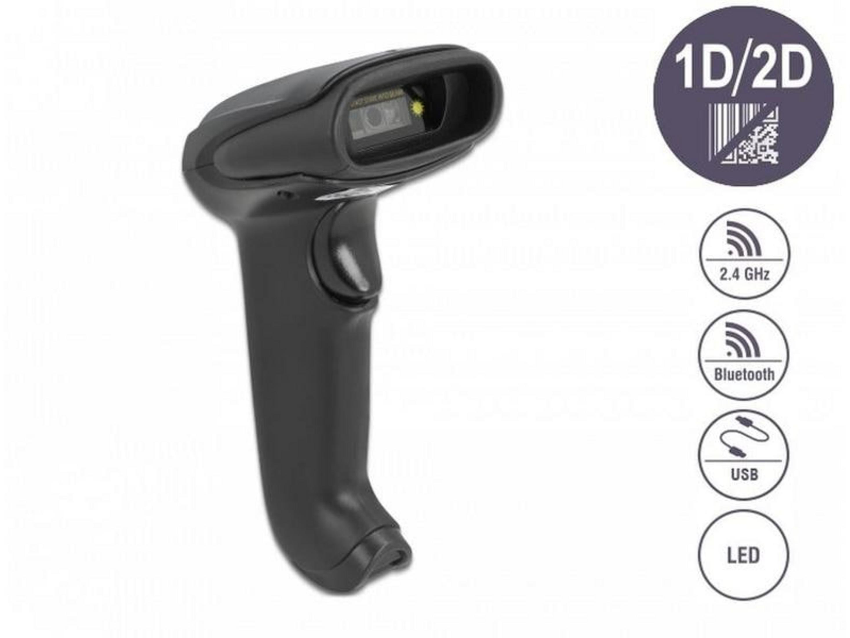 Scanner di codici a barre nero con capacità 1D/2D, 2,4 GHz, Bluetooth, USB, LED.